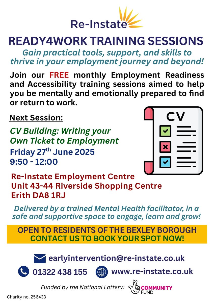Re-Instate (@reinstateltd) on Twitter photo Join our FREE monthly Employment Readiness and Accessibility training focusing on Improving CV writing skills, identifying a good CV.
Date: Friday 27th June 2025
Time: 9:45am to 12pm
email earlyintervention@re-instate.co.uk or call 01322 438 155 to secure your spot. Join our FREE monthly Employment Readiness and Accessibility training focusing on Improving CV writing skills, identifying a good CV.
Date: Friday 27th June 2025
Time: 9:45am to 12pm
email earlyintervention@re-instate.co.uk or call 01322 438 155 to secure your spot.