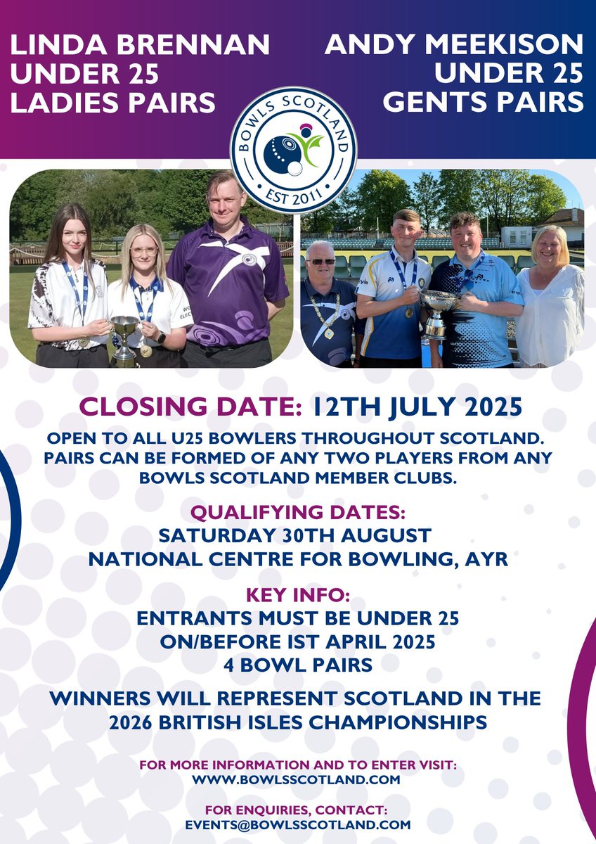 🥇Entries are now open for both the 2025/26 Linda Brennan Ladies U25 Pairs and Andy Meekison Gents U25 Pairs.
 
ℹ️ More details on the Linda Brennan Ladies U25 Pairs: bowlsscotland.com/competitions/n…
 
ℹ️ More details on the Andy Meekison Gents U25 Pairs: bowlsscotland.com/competitions/n…