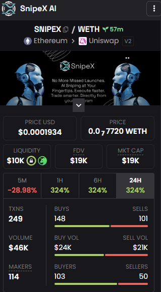📊 $SNIPEX is now verified on Dexscreener!

All official links are now live and visible on our pair page:

🔗 dexscreener.com/ethereum/0x5e9…

No more confusion. No fake links.
Only the real SnipeX — fast, secure, and AI-powered.
👥 Join us: t.me/snipexaierc
🔓 Try the bot: