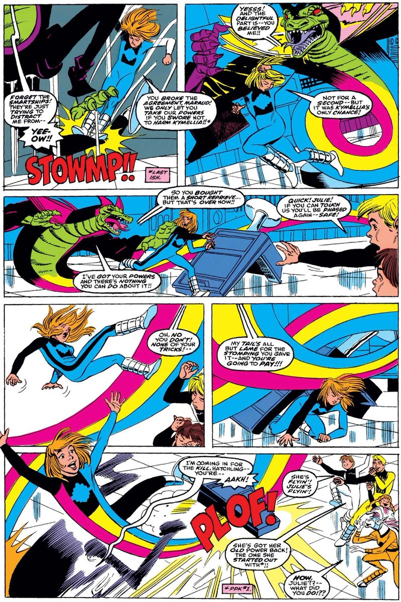 MarvelDailyArt's tweet image. And here’s where things go off the rails: The kids gave Maraud their powers because she promised to spare the Kymellians. But now she has broken her word and is about to kill the Kymellians, so Julie just…gets her powers back!? Is that how promises work?!? #marvel #powerpack