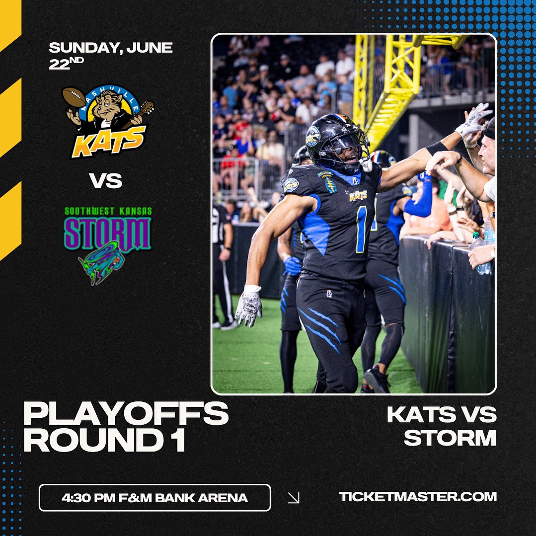 Clarksville, we’re back this Sunday!

📍F&amp;M Bank Arena
🏈 Vs Southwest Kansas Storm 
⏰ 4:30 PM / Doors at 3:30 PM

As announced today, the Kats will be playing their first playoff game at F&amp;M Bank Arena. Tickets available on Ticketmaster. Grab them today!