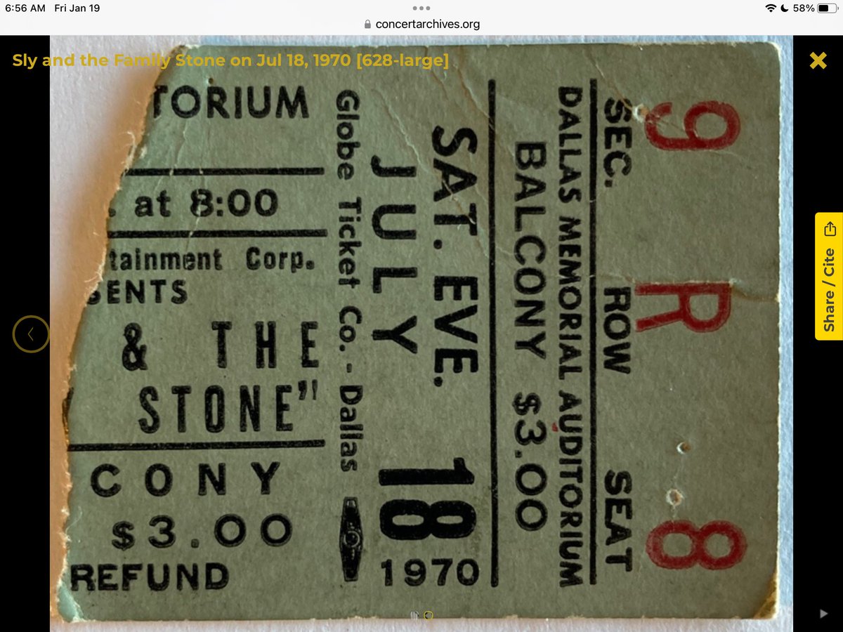 phillip_brown's tweet photo. Sly Stone died the other day. I attended this show. (This is not my ticket.) The band was late. A brilliant act. There was dancing in the aisles; a riot outside Memorial A and inside the concourse to an extent. Broken windows.  I guess people wanted to get inside. https://t.co/hqCRUSmHDn