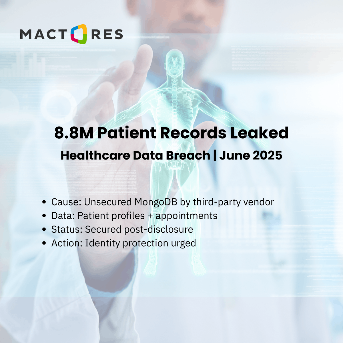 MactoresAI's tweet photo. 8.8M Appointment Records Exposed in U.S. Healthcare Leak

A misconfigured MongoDB database linked to a third-party vendor exposed sensitive patient data—names, contacts, billing info, and more.

✅ Database now secured https://t.co/bniNMpCA3o