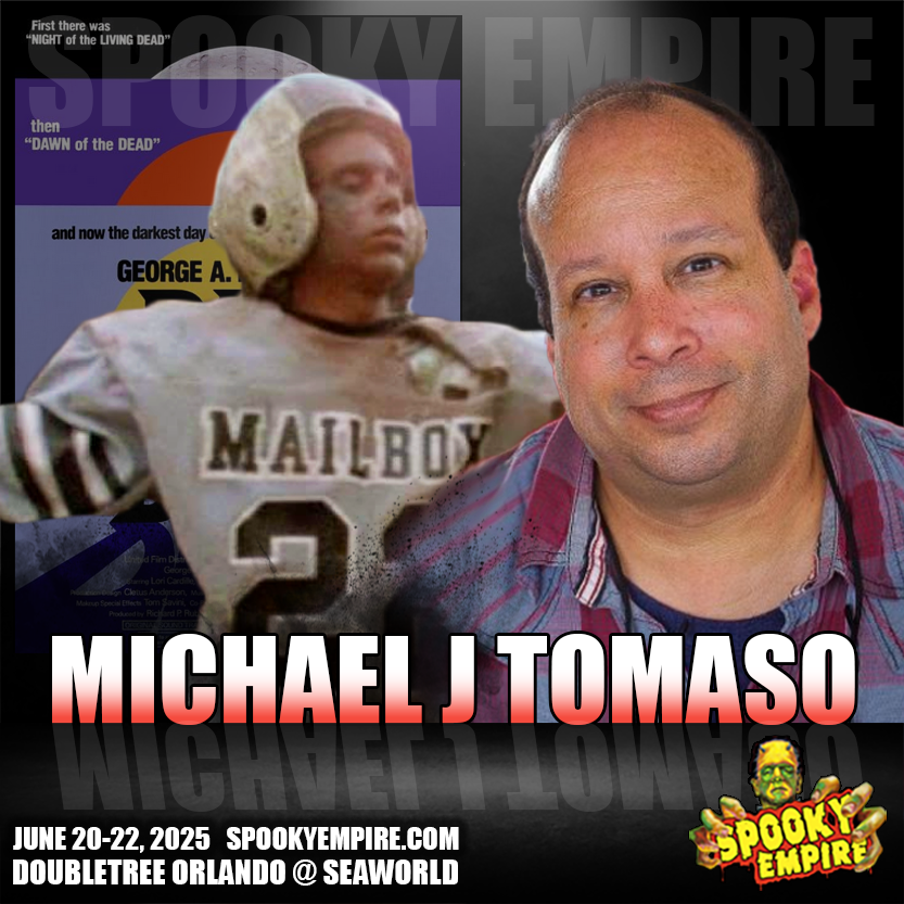 MICHAEL J TOMASO joins JOHN AMPLAS, DARRYL FERRUCCI, PAUL MUSSER and EUGENE CLARK this weekend! MICHAEL J TOMASO was cast by George A. Romero as the “football player” zombie in “Day of the Dead”, the final installment of Romero’s original Night of the Living Dead trilogy.