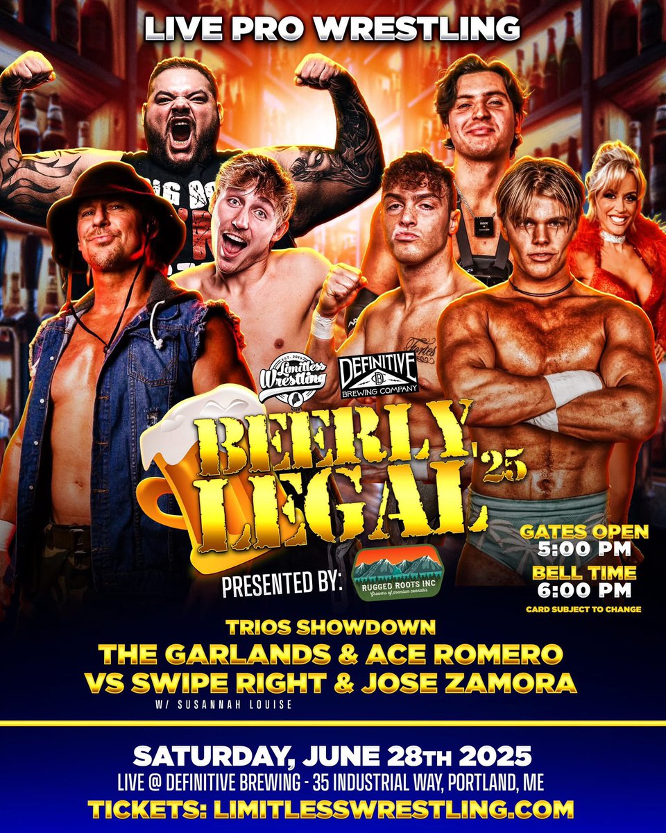 Limitless Wrestling (@lwmaine) on Twitter photo โ๏ธ ๐๐๐๐ ๐๐๐๐๐๐: WWE ID Standouts join forces with Viral Star to settle the score with two of Maine's finest + a second-generation star in the making!
Swipe Right & Jose Zamora v. Scotty 2 Hotty, Keagan Garland & Ace Romero
๐ Portland | 6/28
๐๏ธ LimitlessWrestling.com/tickets โ๏ธ ๐๐๐๐ ๐๐๐๐๐๐: WWE ID Standouts join forces with Viral Star to settle the score with two of Maine's finest + a second-generation star in the making!
Swipe Right & Jose Zamora v. Scotty 2 Hotty, Keagan Garland & Ace Romero
๐ Portland | 6/28
๐๏ธ LimitlessWrestling.com/tickets