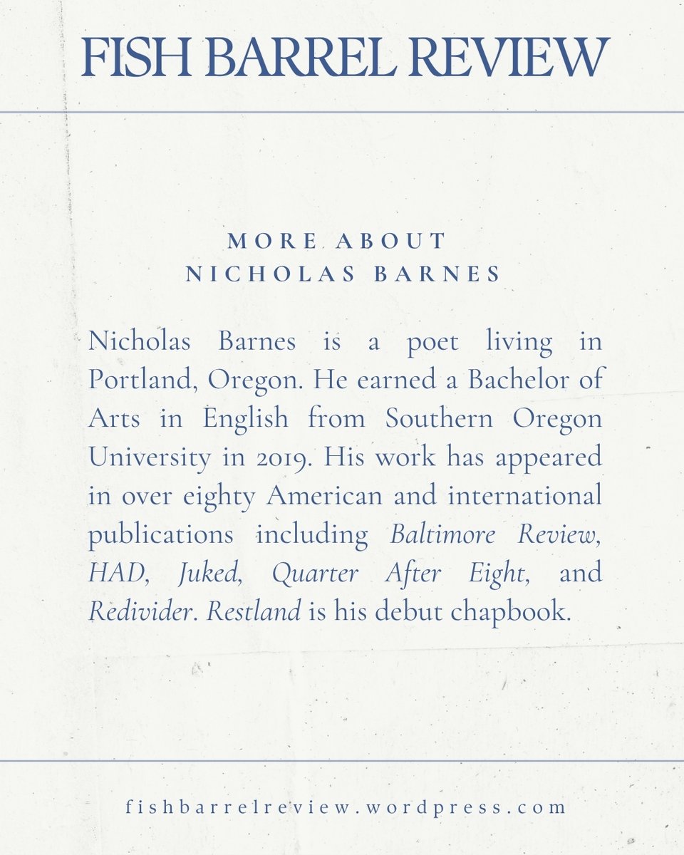 Fish Barrel Review ππ’οΈ (SUBS OPEN) (@fishbarrelrev) on Twitter photo Check out our interview with <a href="/ColesWordsPoet/">Nicholas Barnes</a> now at fishbarrelreview.wordpress.com and go get your copy of "Restland"βΌοΈπ’ Check out our interview with <a href="/ColesWordsPoet/">Nicholas Barnes</a> now at fishbarrelreview.wordpress.com and go get your copy of "Restland"βΌοΈπ’