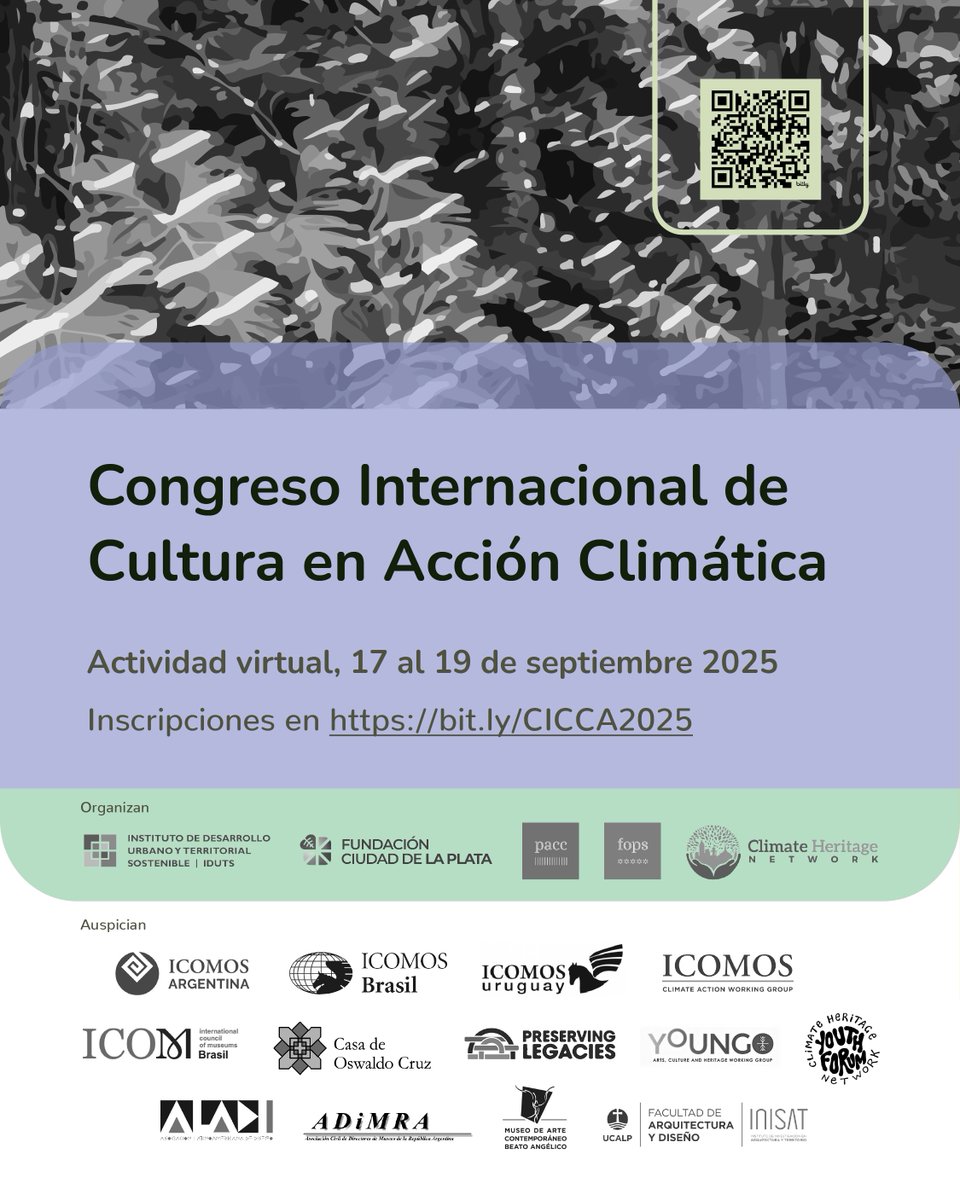 Iniciativa Patrimonio y Cambio Climático (@pacc_fops) on Twitter photo Congreso Internacional de Cultura en Acción Climática
Actividad virtual, 17 al 19 de septiembre de 2025
Envío de resúmenes en español, portugués e inglés hasta el 30 de junio
Más información bit.ly/CICCA2025
#CICCA2025 #CongresoInternacional #Cultura #AcciónClimática Congreso Internacional de Cultura en Acción Climática
Actividad virtual, 17 al 19 de septiembre de 2025
Envío de resúmenes en español, portugués e inglés hasta el 30 de junio
Más información bit.ly/CICCA2025
#CICCA2025 #CongresoInternacional #Cultura #AcciónClimática