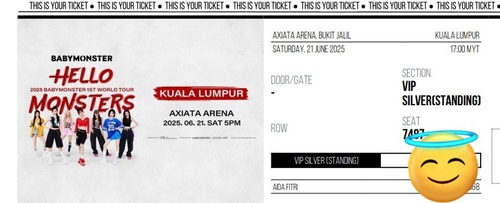 aidaafi3's tweet photo. WTS  concert babymonster kuala lumpur (21 juni 2025)
-harga web aja plus pajak web
-tix atas nama aku pribadi

❤️ 1 TIX VIP SILVER STANDING
fee rp 4,1jt /  1,009 myr

❤️1 TIX CAT 2 STANDING
fee rp 2,5jt / 614 myr

minat bisa langsung chat atau dm ig aku🥰 https://t.co/wmM58naT3S