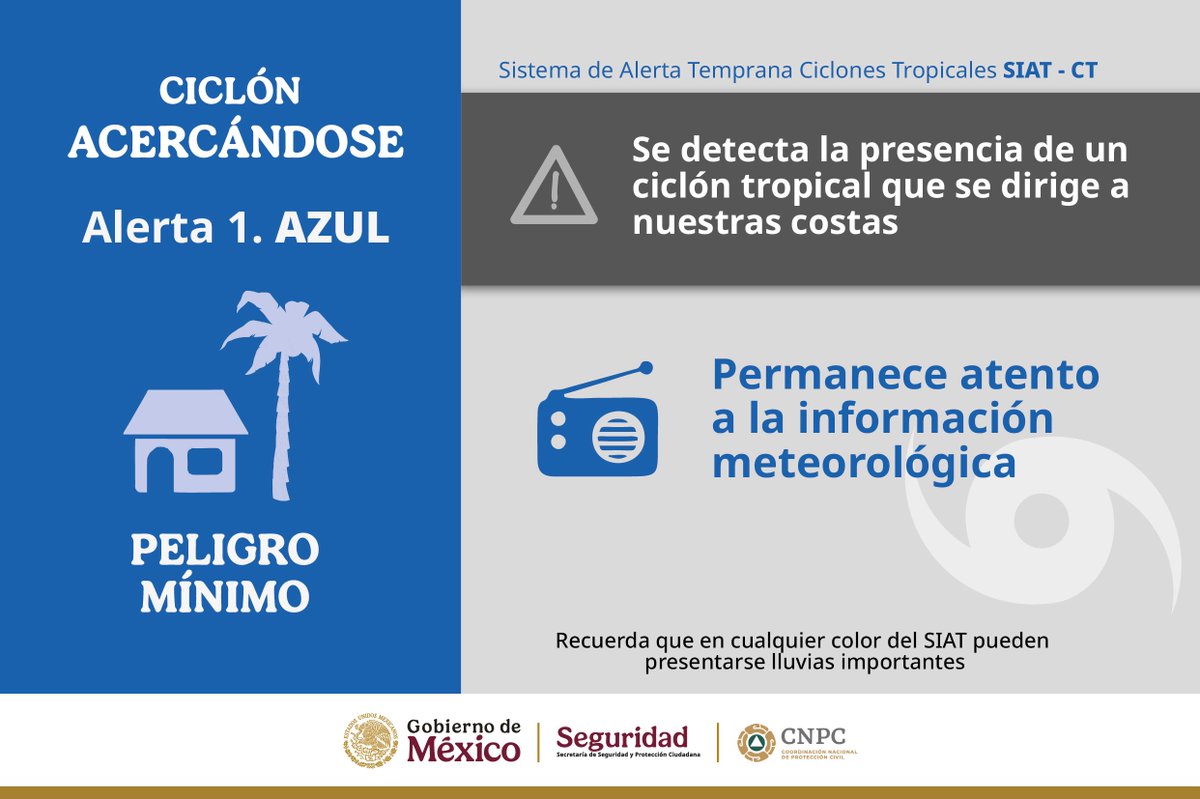 CNPC_MX's tweet photo. 𝗔𝗖𝗘𝗥𝗖𝗔́𝗡𝗗𝗢𝗦𝗘 
🔵#AlertaAzul - Peligro Muy Bajo
Centro, Este y Noroeste de #Guerrero; Sur, Sureste y Suroeste de #Michoacán; Centro y Noroeste de #Oaxaca https://t.co/aCpHVfoPYe