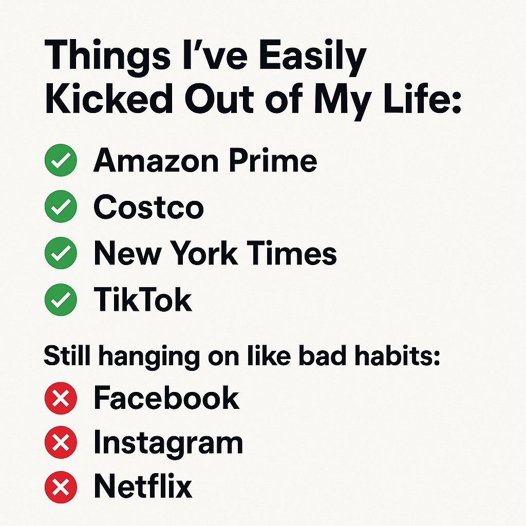 It's easy to forget we have a choice.
You don’t have to keep what no longer serves you.
What have you left behind? 
#GoodbyeAmazon #ByeTikTok #CancelNetflix #CutTheCord #MinimalistLifestyle #QuitNYT #DigitalDetox #MinimalistMood