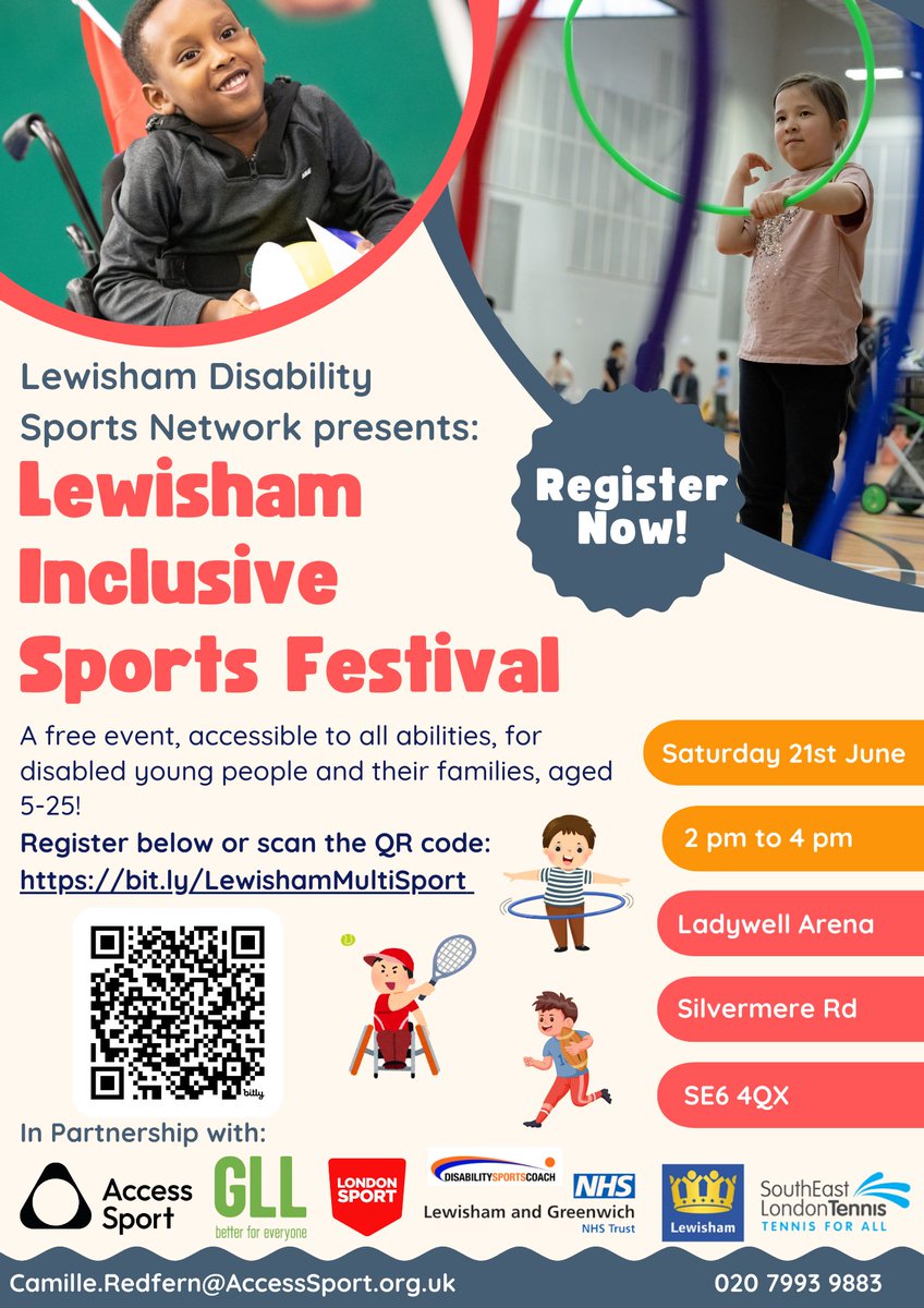 Disability Sports Coach (@dsc_13) on Twitter photo This Saturday : Lewisham Inclusive Sports Festival returns
Free and inclusive for disabled young people aged 5–25 and their families.
Register: bit.ly/LewishamMultiS…
In partnership with:
<a href="/AccessSportUK/">Access Sport</a> <a href="/GLL_UK/">GLL</a> <a href="/LondonSport/">London Sport</a> <a href="/LewishamCouncil/">Lewisham Council</a> <a href="/NHSEnglandLDN/">NHS London</a> @SELonTennis This Saturday : Lewisham Inclusive Sports Festival returns
Free and inclusive for disabled young people aged 5–25 and their families.
Register: bit.ly/LewishamMultiS…
In partnership with:
<a href="/AccessSportUK/">Access Sport</a> <a href="/GLL_UK/">GLL</a> <a href="/LondonSport/">London Sport</a> <a href="/LewishamCouncil/">Lewisham Council</a> <a href="/NHSEnglandLDN/">NHS London</a> @SELonTennis