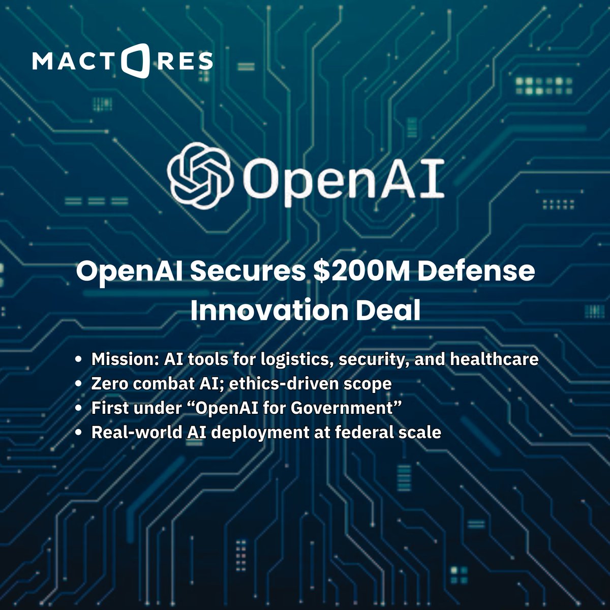 MactoresAI's tweet photo. OpenAI will develop frontier AI prototypes to support logistics, cybersecurity, healthcare, and admin tasks under a $200M contract.

This marks the start of OpenAI for Government, bringing advanced AI into public-sector use cases. https://t.co/s6jQDFUQ44