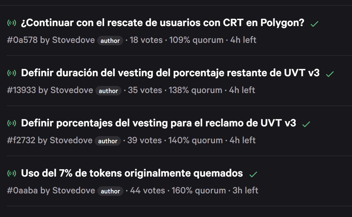 4 propuestas cruciales de gobernanza están a punto de cerrarse: rescate en polygon, vesting del uvt v3 y uso del 7% quemado. todas con quórum superado. quedan pocas horas. esta comunidad ya no pregunta, decide.

snapshot.box/#/s:ultraviole…