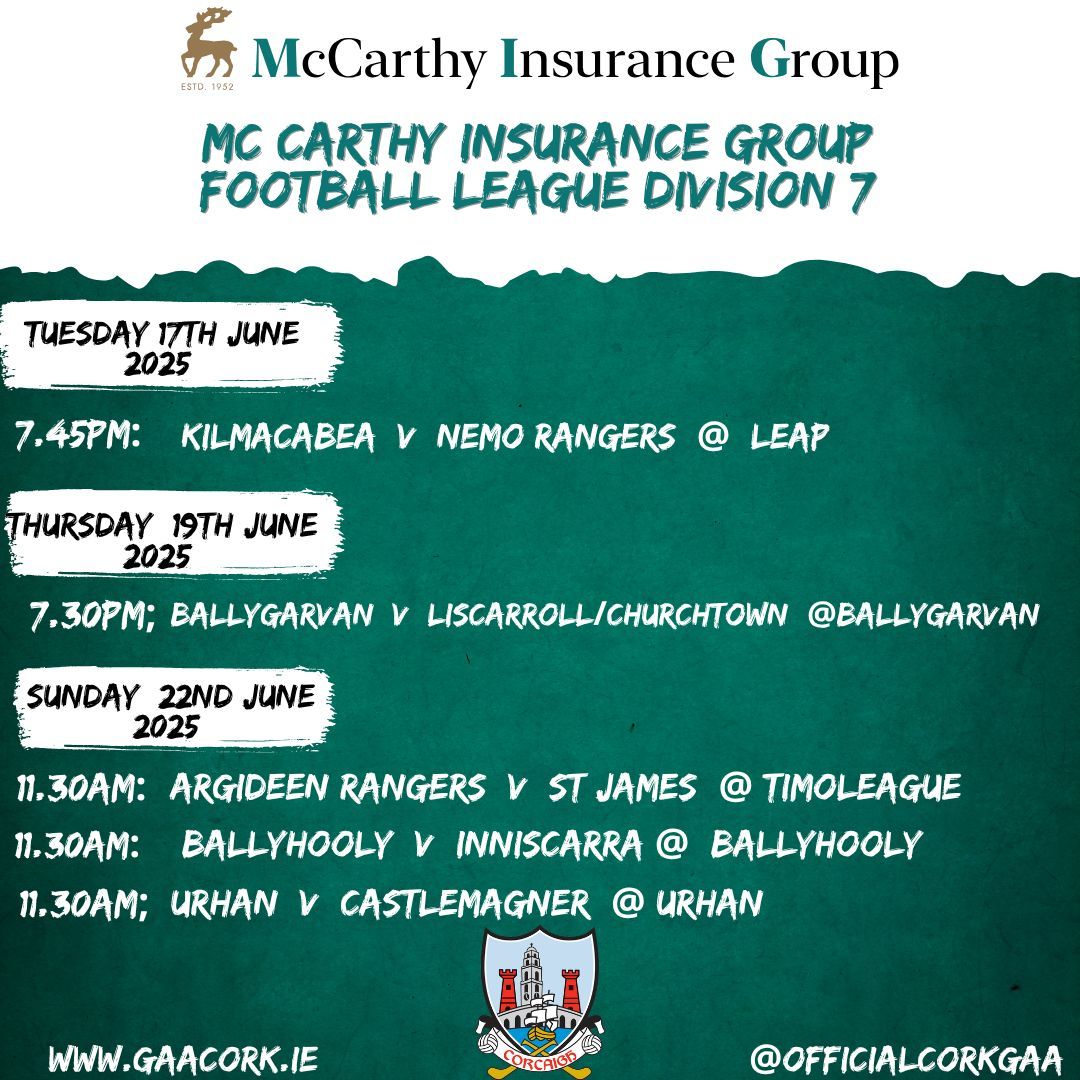 The final round of McCarthy Insurance Group football league games take place across this week &amp; weekend. Promotion/Relegation, league final places to be decided. Fixtures for Div 5, 6 &amp; 7 are listed. Support your club, enjoy the games. <a href="/mig_ie/">McCarthy Insurance Group</a>