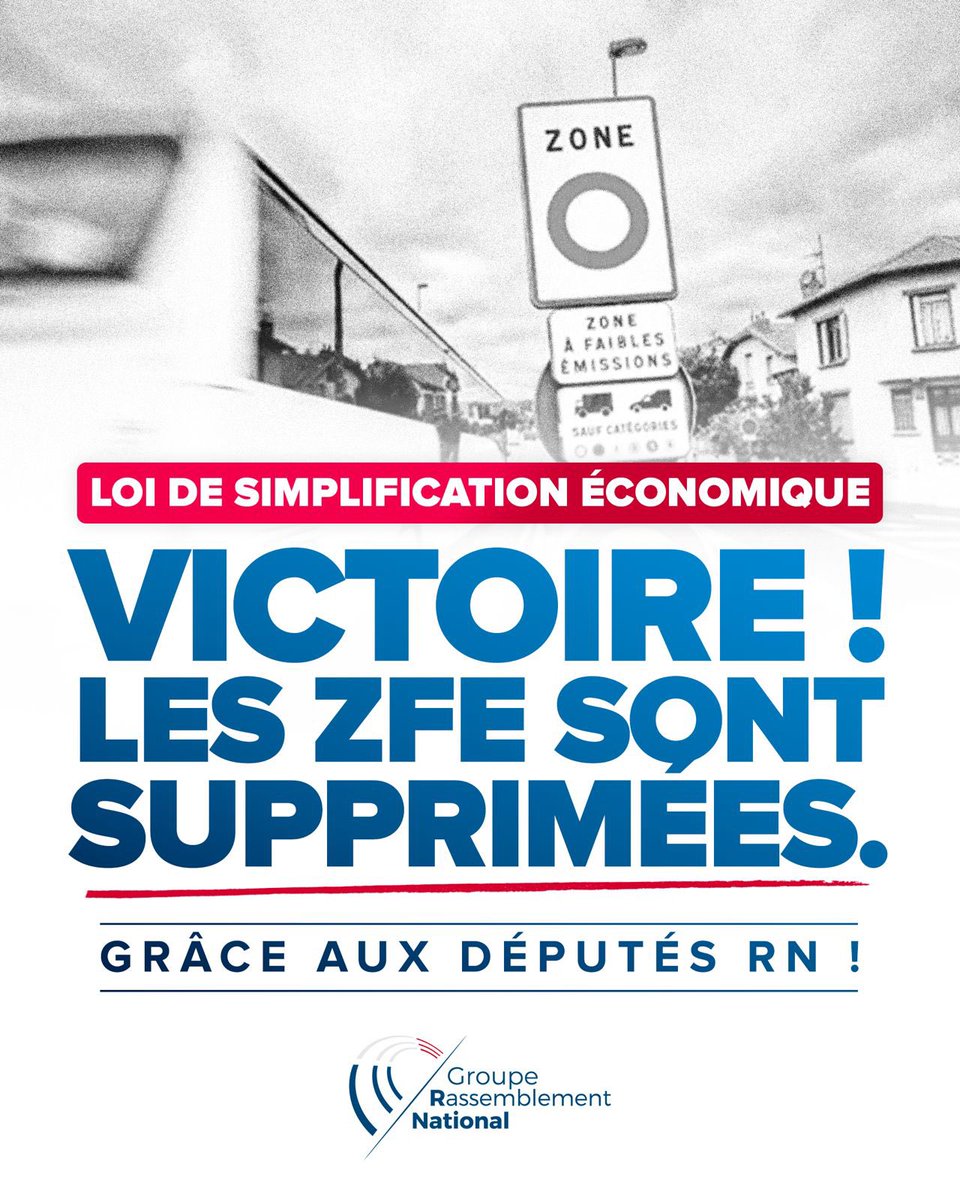 Groupe Rassemblement National (@groupern_off) on Twitter photo Victoire ! Le <a href="/RNational_off/">Rassemblement National</a> a Ă©tĂ© le premier parti Ă alerter sur lâinjustice des Zones Ă Faibles Ămissions (ZFE) et Ă dĂ©fendre les automobilistes pĂ©nalisĂ©s par ces restrictions. Aujourdâhui, cette mesure de sĂ©grĂ©gation sociale est abandonnĂ©e grĂące au vote de la loi de Victoire ! Le <a href="/RNational_off/">Rassemblement National</a> a Ă©tĂ© le premier parti Ă alerter sur lâinjustice des Zones Ă Faibles Ămissions (ZFE) et Ă dĂ©fendre les automobilistes pĂ©nalisĂ©s par ces restrictions. Aujourdâhui, cette mesure de sĂ©grĂ©gation sociale est abandonnĂ©e grĂące au vote de la loi de