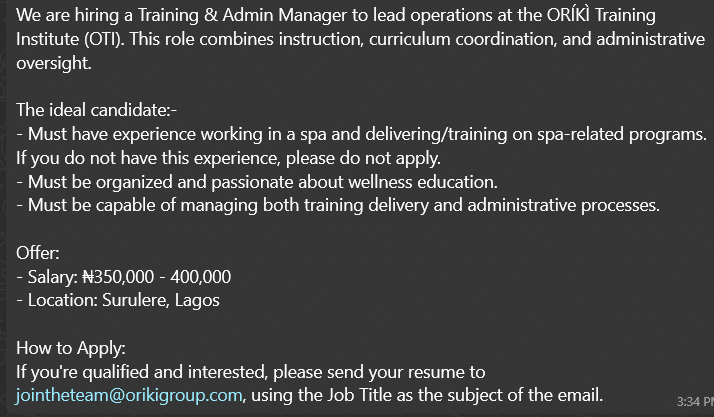 Training &amp; Admin Manager needed
Surulere, Lagos
Spa training exp, organized, wellness-focused
₦350,000-₦400,000
Apply: jointheteam@orikigroup.com
#SpaJobs #LagosJobs #Hiring