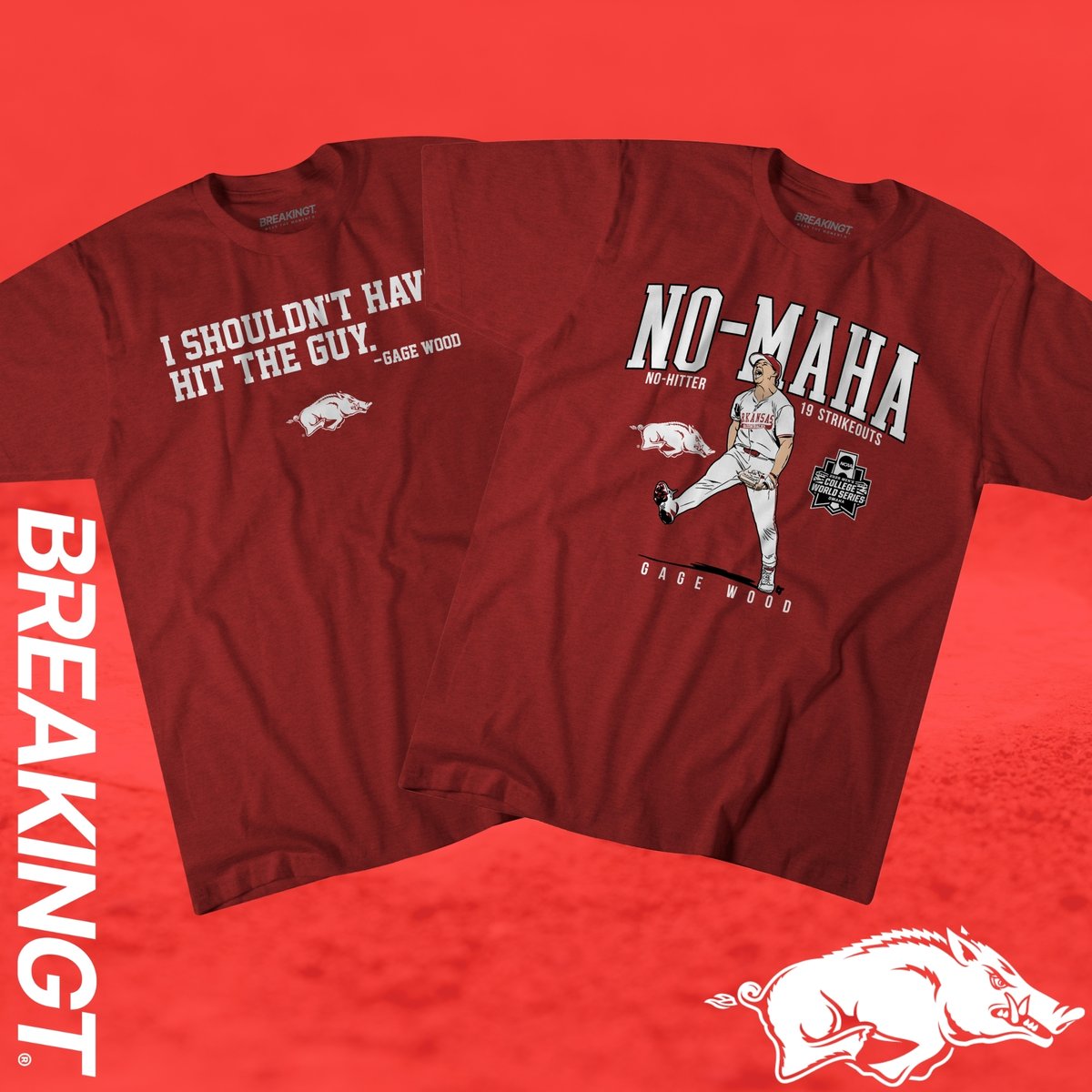Arkansas pitcher Gage Wood has released T-shirts commemorating his historic College World Series no-hitter as part of an NIL deal with BreakingT 🔥

on3.com/nil/news/gage-…
