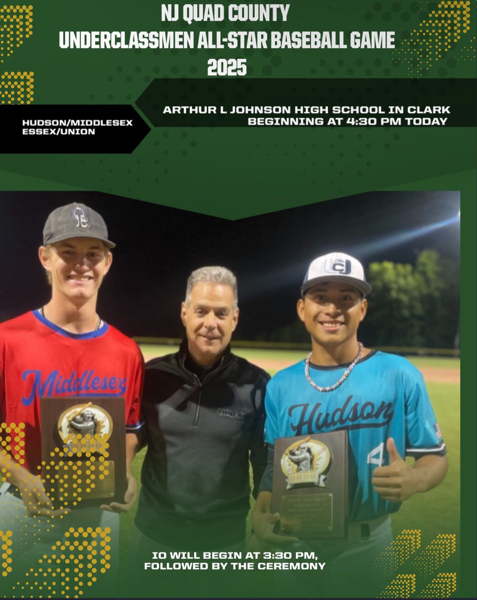 NJHSBCA (@njhsbca) on Twitter photo 📣 NJ Quad County Underclassmen All-Star Baseball Game 2025
🗓️ Tues, June 17 (Rain Date: June 18)
📍Arthur L. Johnson HS, Clark
🕟 4:30 PM start
⚾ Essex/Union 🆚 Middlesex/Hudson #NJBaseball #AllStars
<a href="/BehreBob/">Bob Behre</a> <a href="/DiamondNationNJ/">Diamond Nation</a> <a href="/PJ_Potter/">PJ Potter</a> <a href="/HSSportsNJ/">NJ.com HS Sports</a> <a href="/kminnicksports/">Kevin Minnick ⚾️🐶⚾️🐶⚾️</a> 📣 NJ Quad County Underclassmen All-Star Baseball Game 2025
🗓️ Tues, June 17 (Rain Date: June 18)
📍Arthur L. Johnson HS, Clark
🕟 4:30 PM start
⚾ Essex/Union 🆚 Middlesex/Hudson #NJBaseball #AllStars
<a href="/BehreBob/">Bob Behre</a> <a href="/DiamondNationNJ/">Diamond Nation</a> <a href="/PJ_Potter/">PJ Potter</a> <a href="/HSSportsNJ/">NJ.com HS Sports</a> <a href="/kminnicksports/">Kevin Minnick ⚾️🐶⚾️🐶⚾️</a>
