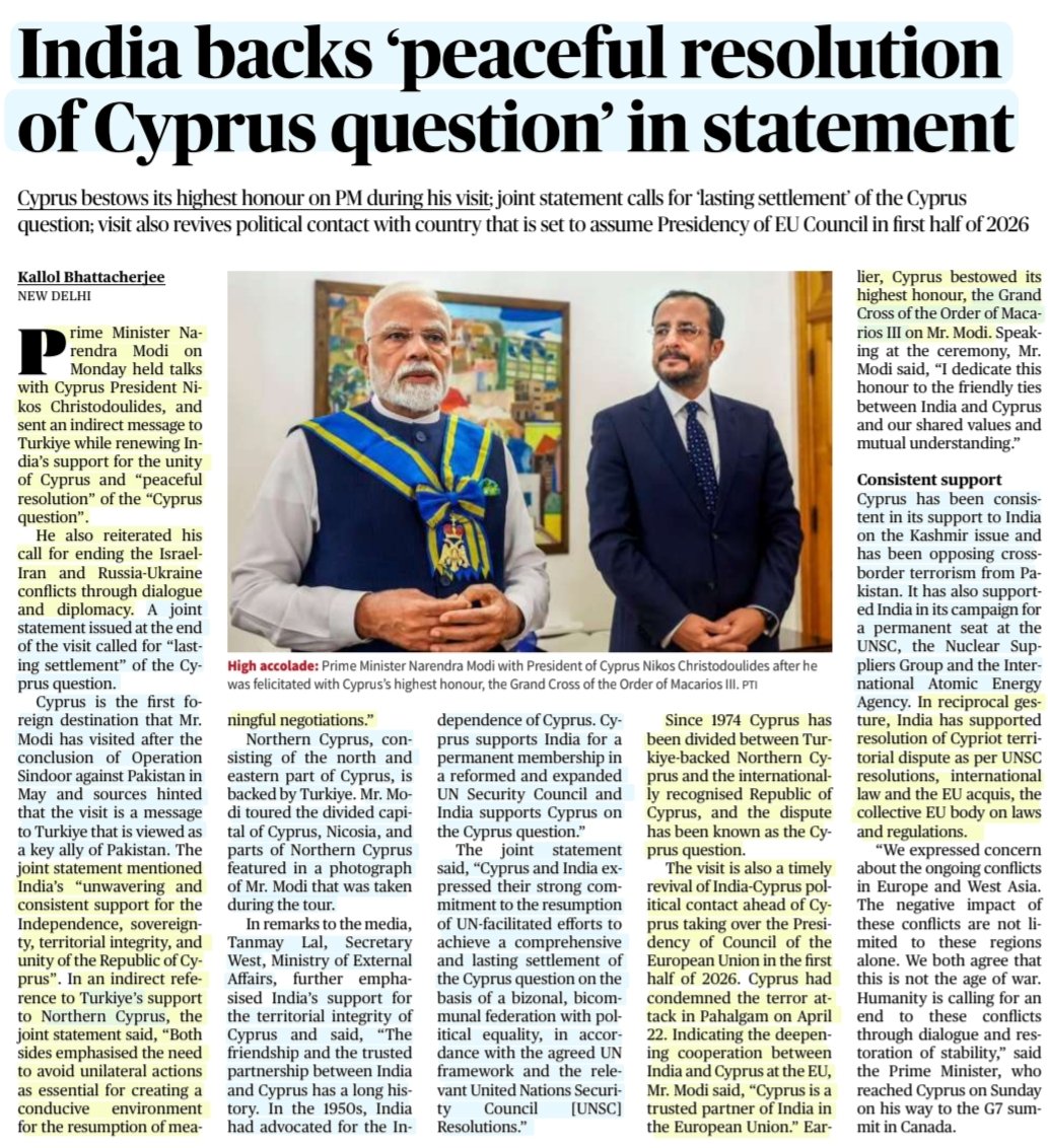imRavikantYadav's tweet photo. 'India backs 'Peaceful Resolution' of Cyprus Question in statement"

:Details by Sh Kallol Bhattacherjee 
@janusmyth 

#CyprusQuestion #NorthCyprus #India #Cyprus #PMModiInCyprus #pmmodihonoured 
#Turkey #Pakistan
#EuropeanUnion
#Diplomacy #Geopolitics 

#UPSC 

Source: TH https://t.co/ceDy5ngmKb