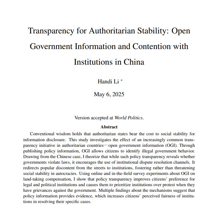 Handi Li (@handi_rita_li) on Twitter photo After five years from the first draft, my job market paper is finally forthcoming <a href="/World_Pol/">World Politics</a>. I greatly appreciate all who helped and commented. I hope it offers something to those interested in transparency, institution development, authoritarianism, or contentious politics. After five years from the first draft, my job market paper is finally forthcoming <a href="/World_Pol/">World Politics</a>. I greatly appreciate all who helped and commented. I hope it offers something to those interested in transparency, institution development, authoritarianism, or contentious politics.