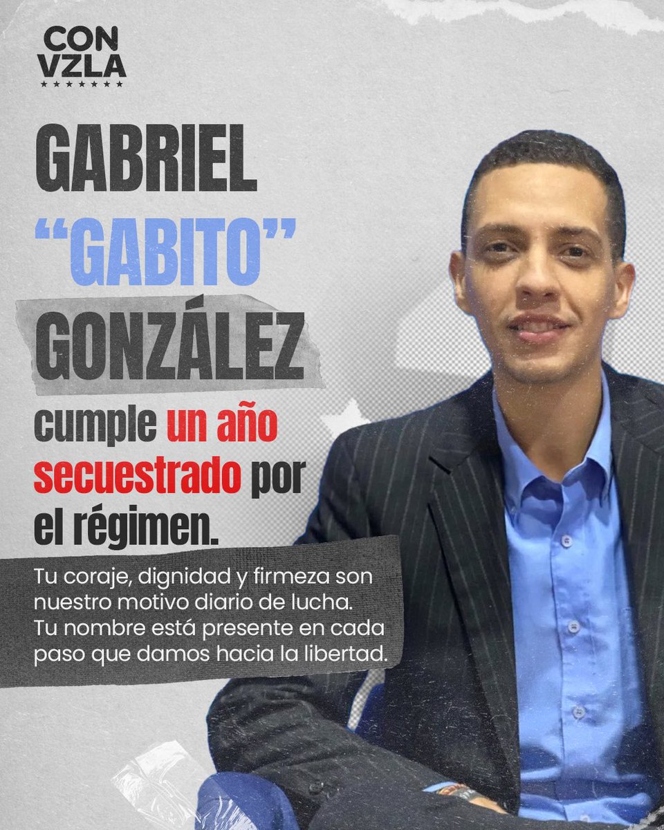 Vente Venezuela (@ventevenezuela) on Twitter photo Hoy, como equipo, dedicamos nuestro día a Gabriel González, Gabito; quien cumple un año injustamente secuestrado en El Helicoide.
<a href="/IsmaelGabriel22/">Gabriel González</a>, defensor de la verdad, activista incansable y equipo nacional de comunicaciones de <a href="/MariaCorinaYA/">María Corina Machado</a> y <a href="/ConVzlaComando/">Comando ConVzla</a>: ¡Tu causa es Hoy, como equipo, dedicamos nuestro día a Gabriel González, Gabito; quien cumple un año injustamente secuestrado en El Helicoide.
<a href="/IsmaelGabriel22/">Gabriel González</a>, defensor de la verdad, activista incansable y equipo nacional de comunicaciones de <a href="/MariaCorinaYA/">María Corina Machado</a> y <a href="/ConVzlaComando/">Comando ConVzla</a>: ¡Tu causa es