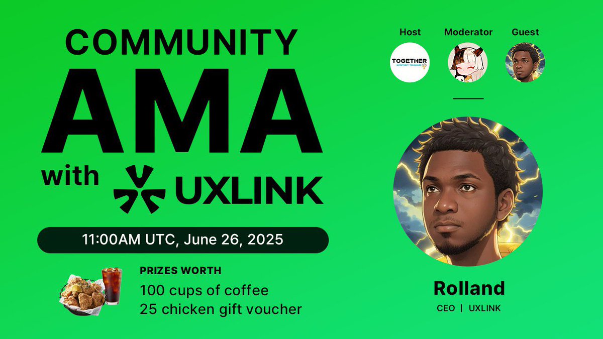 함가재공 | Together (@sssarisari) on Twitter photo UXLINK AMA 안내
🎁 이벤트 보상
- 사전 질문 당첨자 5명: 치킨 기프티콘
- AMA 참여자 래플:
· 커피 100잔
· 치킨 기프티콘 20명
🎙 AMA 상세 정보
• 시간: 6월 26일 오후 8시
• 장소: x.com/i/spaces/1kvJp…
• 호스트 : <a href="/SSsarisari/">함가재공 | Together</a>
• 진행자 : <a href="/JBAmelia1/">GGyu(Amy) $M | 🐜</a>
• 게스트 : <a href="/RollandSaf/">Rolland | UXLINK</a>
📌 UXLINK AMA 안내
🎁 이벤트 보상
- 사전 질문 당첨자 5명: 치킨 기프티콘
- AMA 참여자 래플:
· 커피 100잔
· 치킨 기프티콘 20명
🎙 AMA 상세 정보
• 시간: 6월 26일 오후 8시
• 장소: x.com/i/spaces/1kvJp…
• 호스트 : <a href="/SSsarisari/">함가재공 | Together</a>
• 진행자 : <a href="/JBAmelia1/">GGyu(Amy) $M | 🐜</a>
• 게스트 : <a href="/RollandSaf/">Rolland | UXLINK</a>
📌