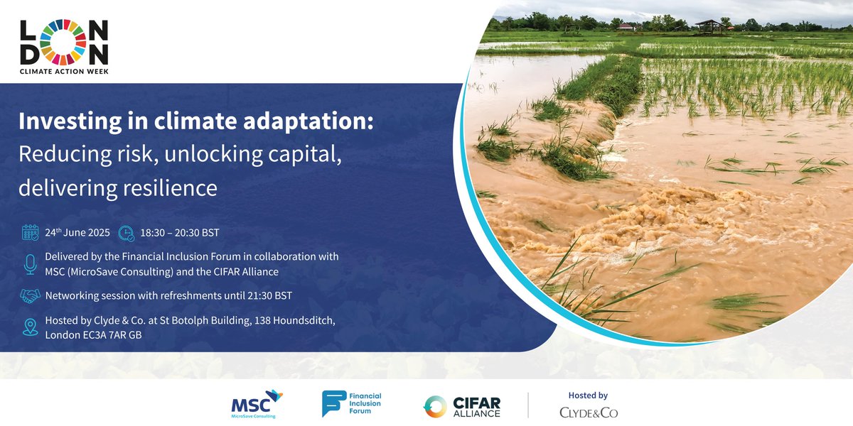 Join MSC, <a href="/fiforumuk/">Financial Inclusion Forum</a> &amp; CIFAR Alliance on 24 June 2025 for a session on “Investing in Climate Adaptation.” Learn how de-risking, innovative finance &amp; blended capital can unlock scale &amp; resilience for frontline communities. Write to info@microsave.net to participate or learn more.