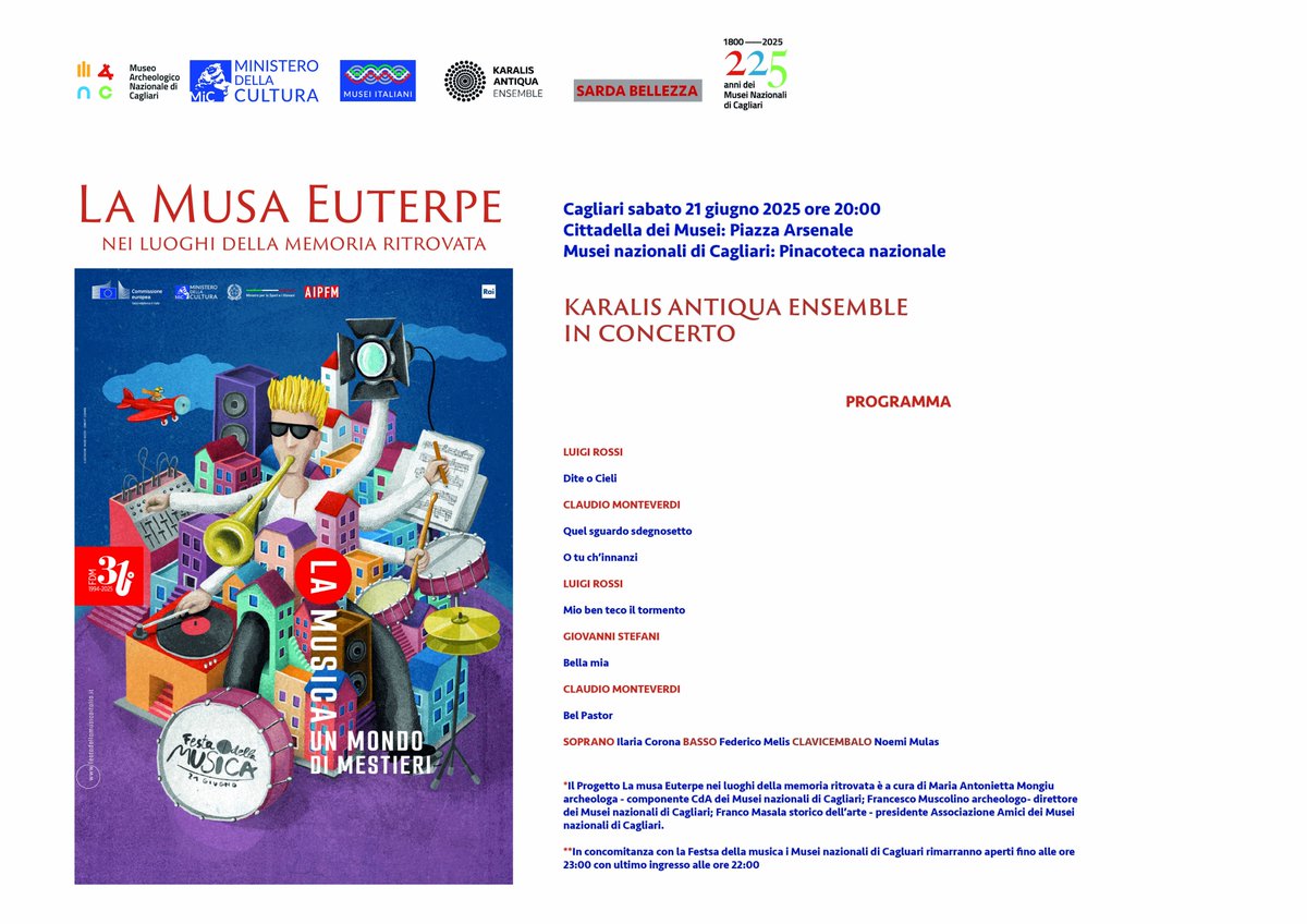 #FestadellaMusica ai #MuseiNazionaliCagliari🎵
Alle ore 20:00 – Concerto di Karalis Antiqua Ensemble!
Nella suggestiva cornice della Pinacoteca “La Musa Euterpe nei luoghi della memoria ritrovata”.

🕘 Musei aperti fino alle 23:00 (la biglietteria chiude alle 22:15)
#FDM2025