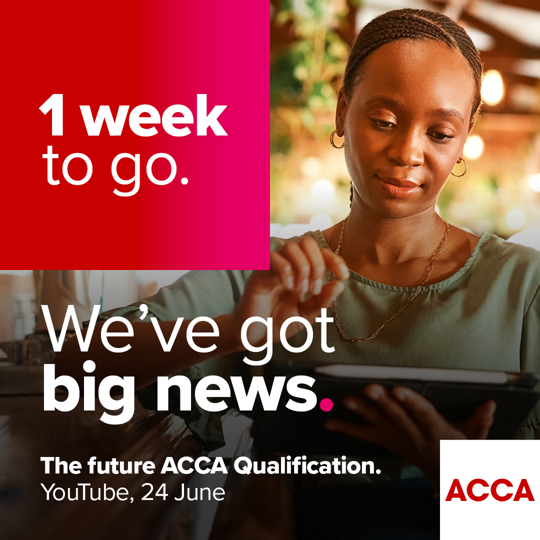 ACCAOfficial's tweet photo. This isn’t just another update – it’s the future ACCA Qualification. 1 week to go. 24 June at 12 noon UK time on YouTube. That’s accountancy redefined. Tap the link in our pinned post or bio to learn more. #FutureACCA https://t.co/6iRcUVi2Cz