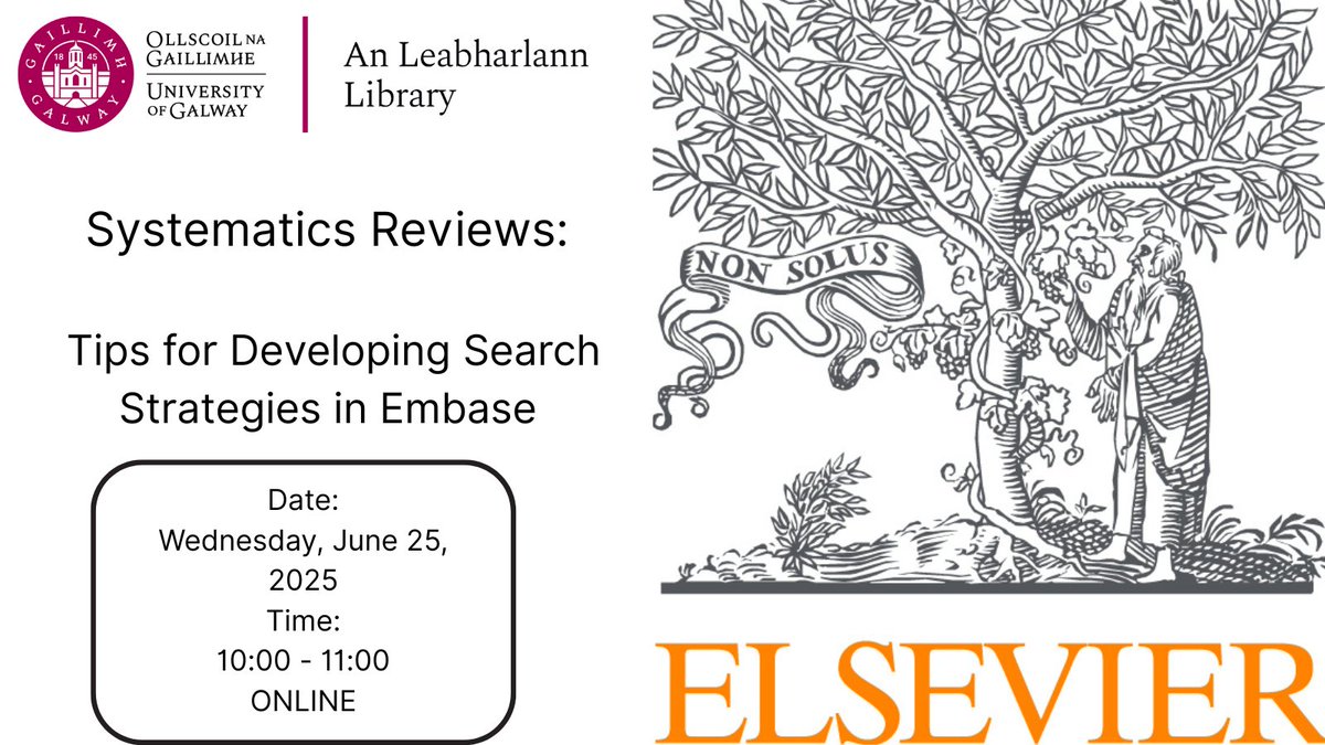 Are you planning a systematic review? Learn how to effectively integrate Embase into your workflow and develop searches with high sensitivity that include both free-text and Emtree terms (subject headings)
Register:
universityofgalway.libcal.com/event/4387499 
25 Jun, 10-11am - Online

<a href="/GalwayCMNHS/">University of Galway CMNHS</a>