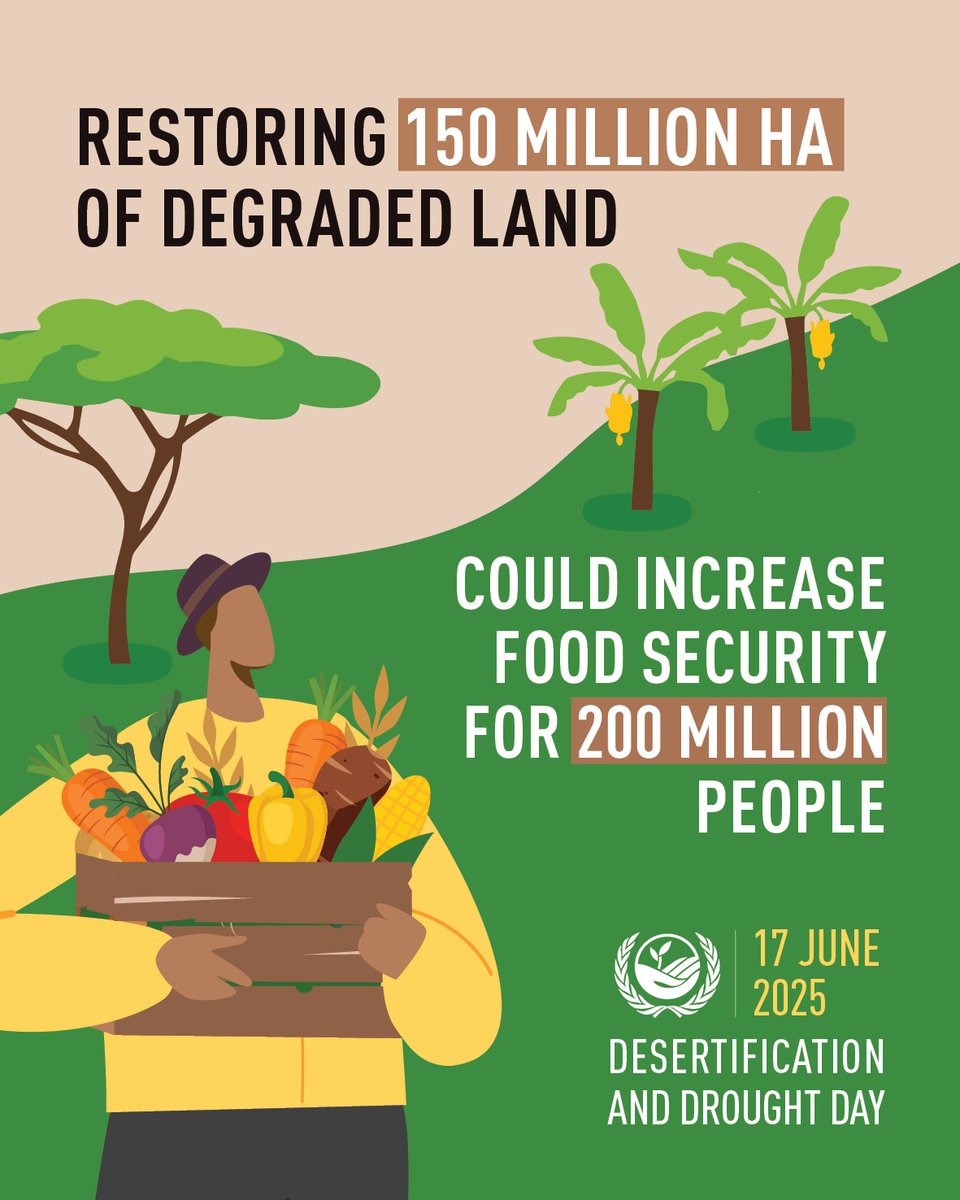 Today marks Desertification &amp; Drought Day 2025!

Investing in our land is investing in humanity. A healthy land feeds the world – by restoring 150 million hectares of degraded land, we can boost food security for 200 million people.

Let's #RestoreTheLand &amp; #UnlockOpportunities.