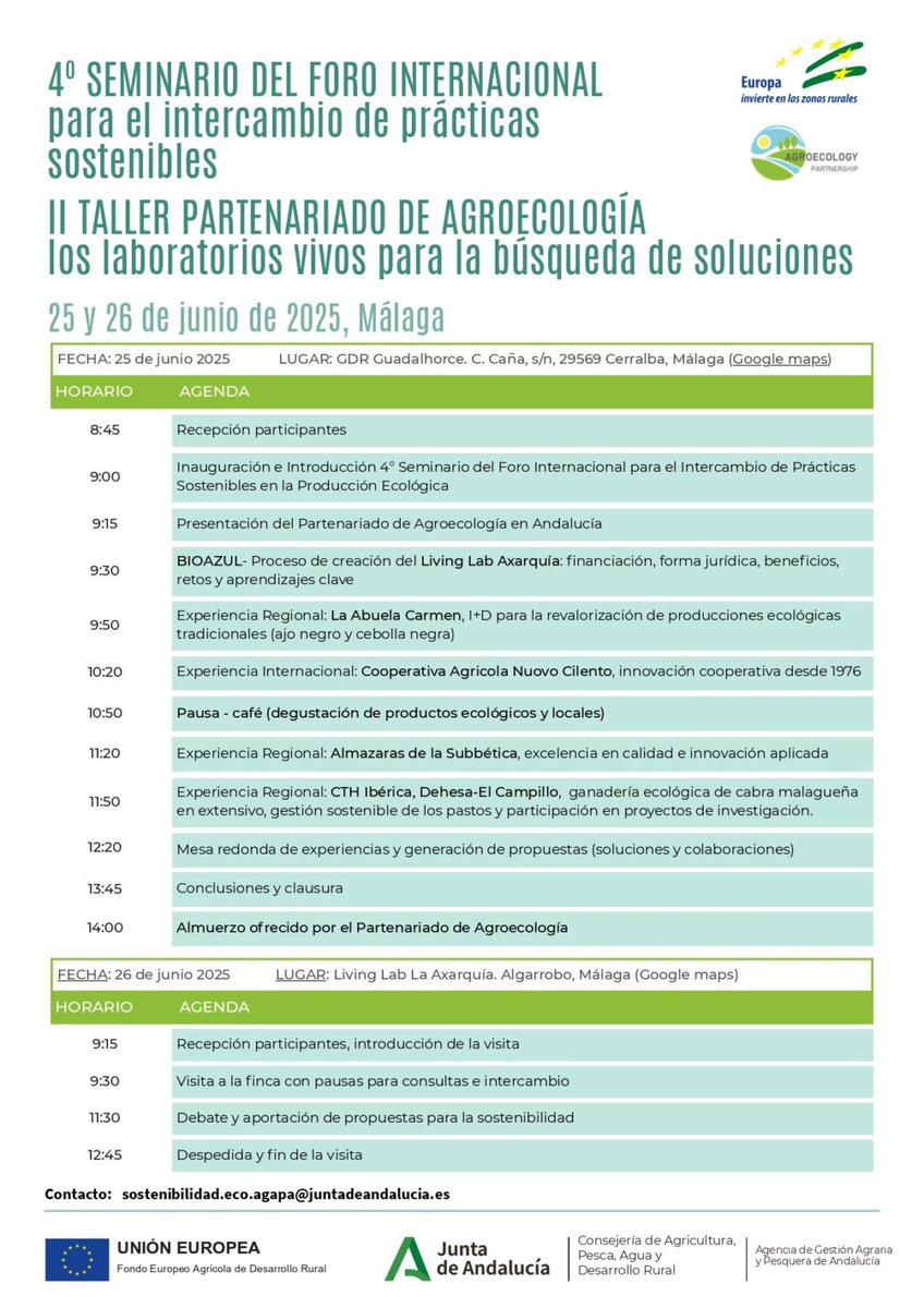 🌿 Málaga acoge el IV Seminario del Foro Internacional de Prácticas Sostenibles y el II Taller del Partenariado de Agroecología 🌍

📆 25-26 junio
📍 Cerralba y Algarrobo
🤝 Innovación, sostenibilidad y cooperación desde el territorio

🔗 Inscripción abierta hasta el 24/06
