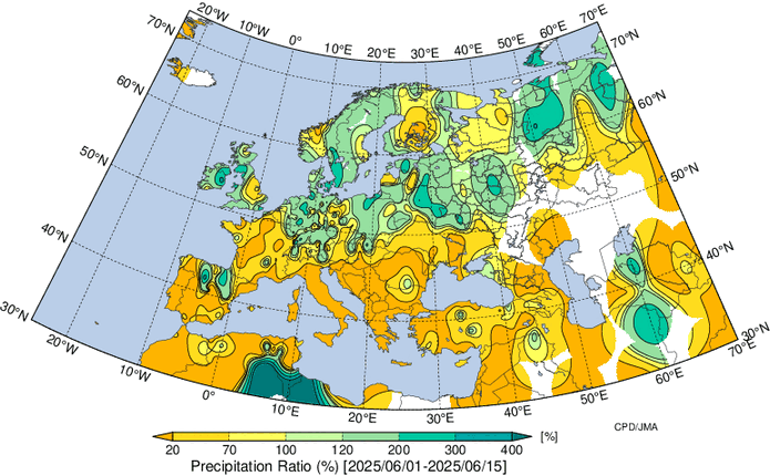 La première quinzaine de juin a été quasi intégralement partout en Europe au dessus des moyennes. En France, l'excédent thermique a été de +2°C.

Sur l'humidité contrairement aux moins précédents du printemps, on retrouve une scission plus classique en Europe avec davantage
