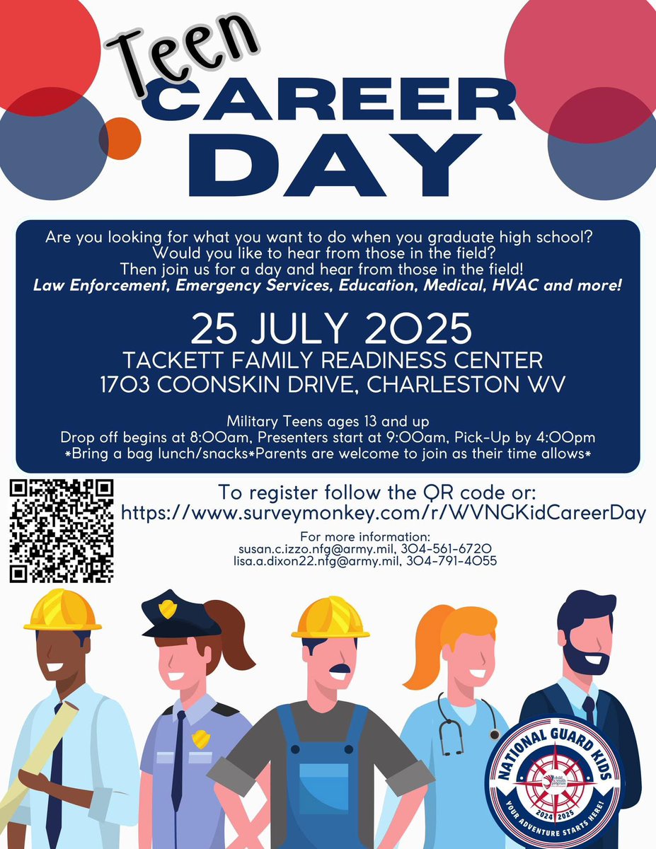 Join us for Teen Career Day!we have speakers from a variety of career fields as well as College Foundation of WV and WV Federal Credit Union!  

**25 July, 2025
**Tackett Family Readiness Center JFHQ 
**Military teens ages 13 &amp; up 
**Register at:
surveymonkey.com/r/WVNGKidCaree…