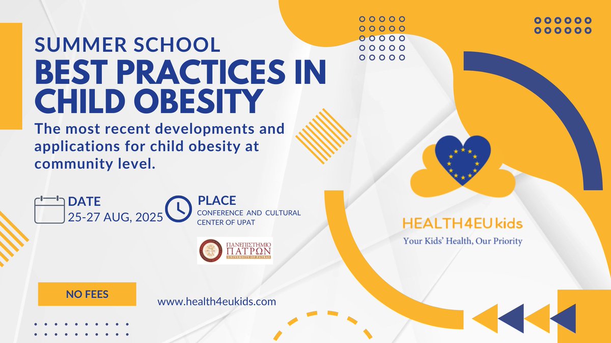 🚨 Applications open!
🎓 Summer School on Child Obesity Best Practices
📅 25–27 Aug 2025 | 🇬🇷 Patras, Greece
🆓 Free of charge | 4 ECTS
👩‍⚕️ For med. students, pediatricians, dietitians &amp; public health pros
🔗docs.google.com/forms/d/1jyRFy…
#ChildObesity #PublicHealth