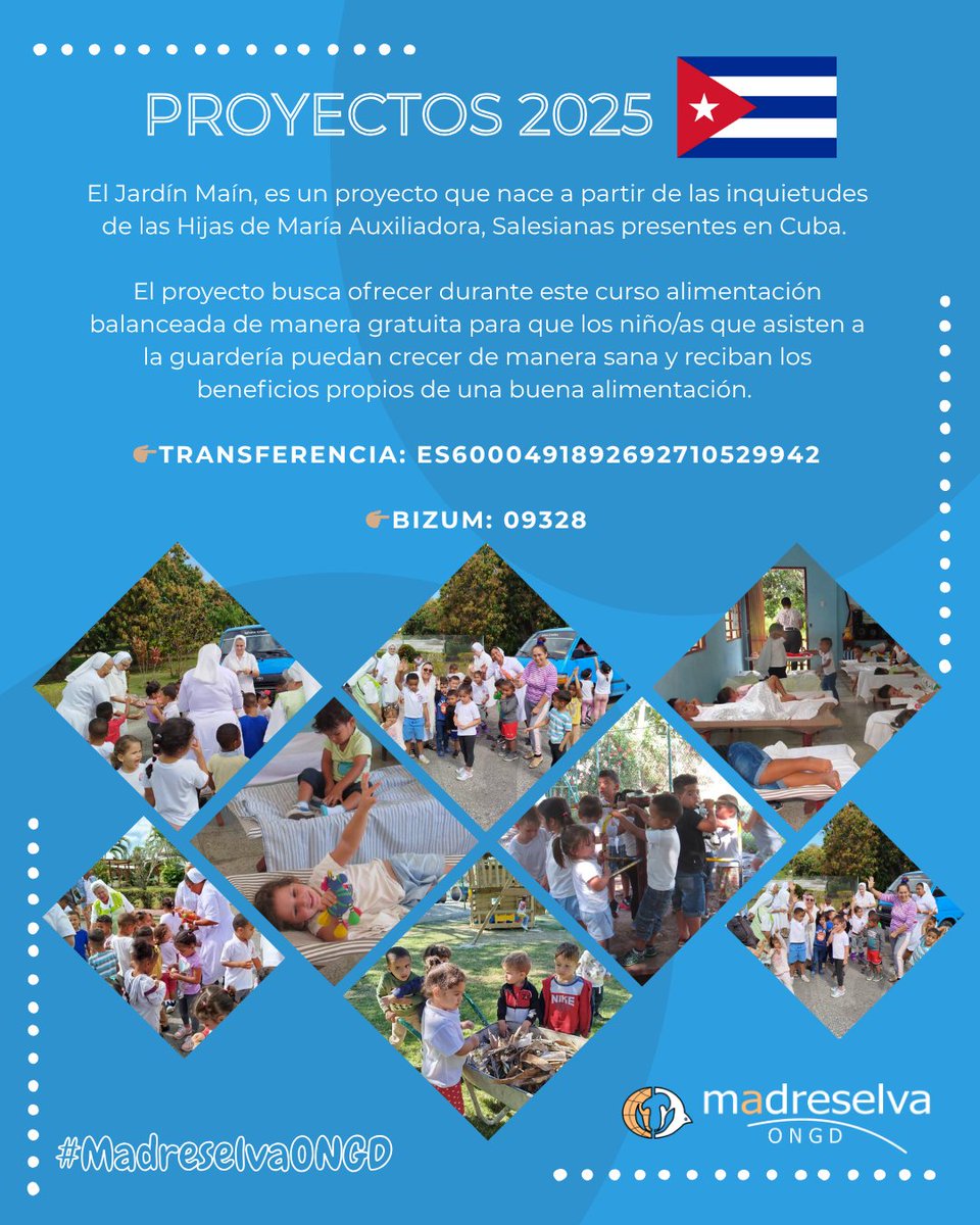 🌟 El Jardín Maín🌱

Desde el corazón de las Salesianas en Cuba, nace este espacio gratuito para niño/as pequeños👶

Queremos seguir acompañando a más familias ¡y tú puedes hacerlo posible!

*Para solicitar la desgravación fiscal debes comunicar tu nombre, apellidos y DNI 🌈🥰