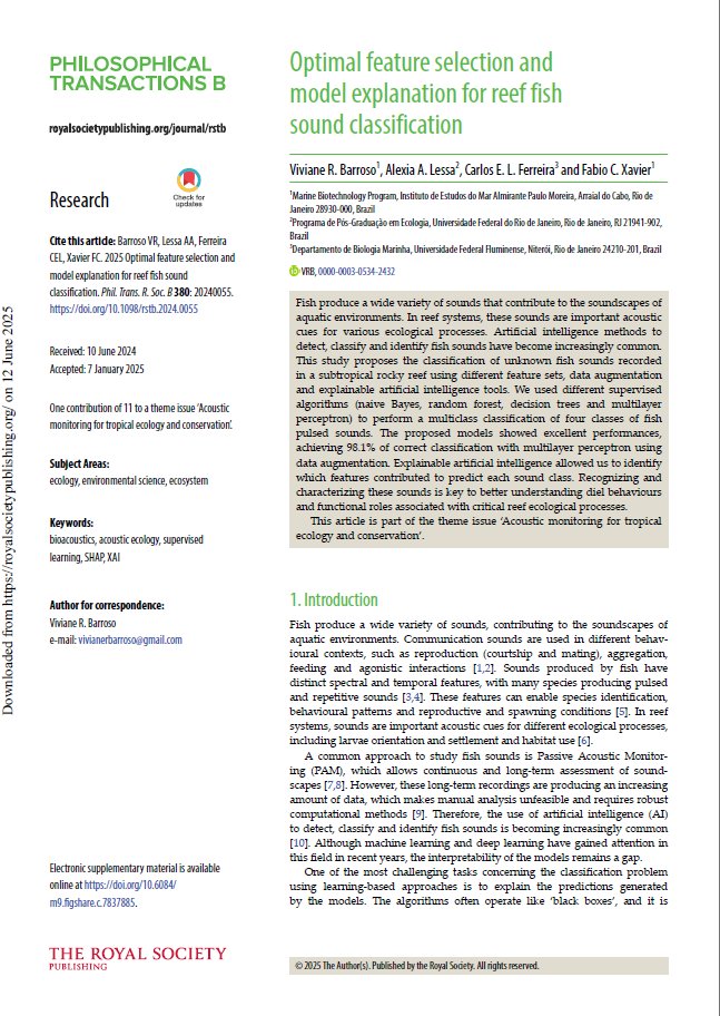 viviane_ocn's tweet photo. 🎉Our new paper is out in Phil. Trans. R. Soc. B! We used XAI to interpret classification models and determine which features define unknown sounds produced by reef fish 🎧🐟
https://t.co/CsssYjcYEN
@lexelasmo
@RSocPublishing
#FishSounds #Bioacoustics #AI #XAI #MachineLearning https://t.co/9pEE1VT8TX