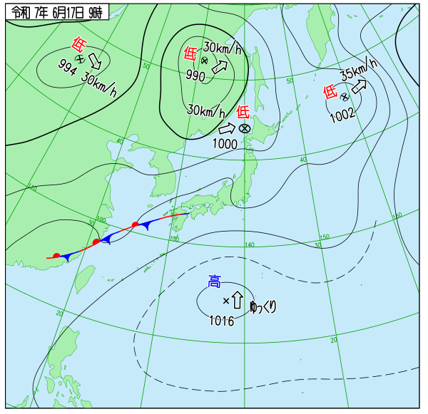 rivhiro's tweet photo. 天気図から消えていった梅雨前線

週末からの週明けに日本海で復活しそうだけど、そのあとまた太平洋高気圧が強まって消えそうな予想 https://t.co/Km2MWY1LgI