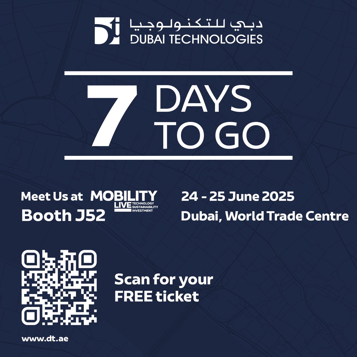 DubaiTech1994's tweet photo. Just 7 Days to Go!
Dubai Technologies is gearing up for Mobility Live Middle East 2025! 🚀 Join us at Booth J52 from 24–25 June at Dubai World Trade Centre

Let the countdown begin!

#DubaiTechnologies #MobilityLiveME #SmartCities #Innovation #UrbanMobility #DWTC https://t.co/2sXYTB3fc2