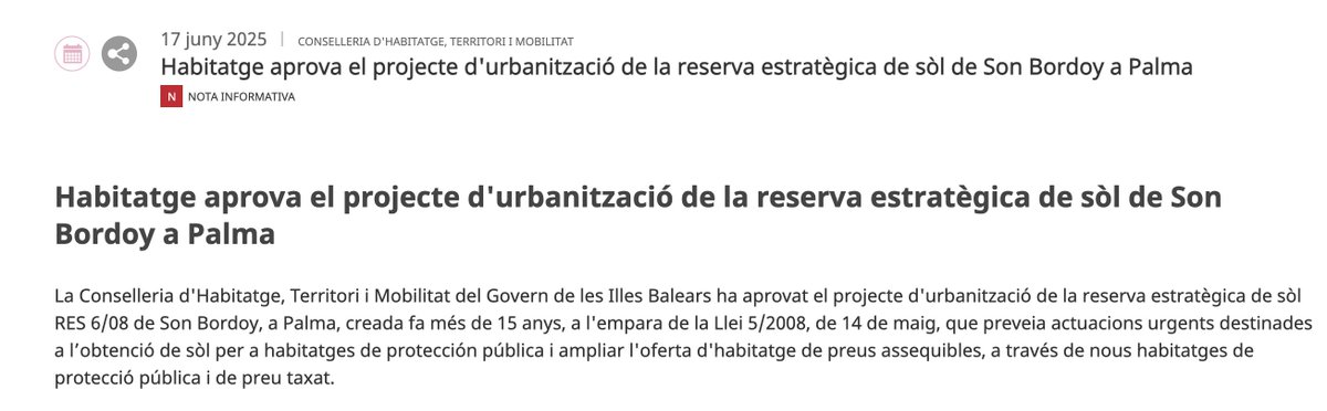 Habitatge aprova el projecte d'urbanització de la reserva estratègica de sòl de Son Bordoy a Palma

Nota de premsa ➡️ tn.caib.es/SonBordoyRES