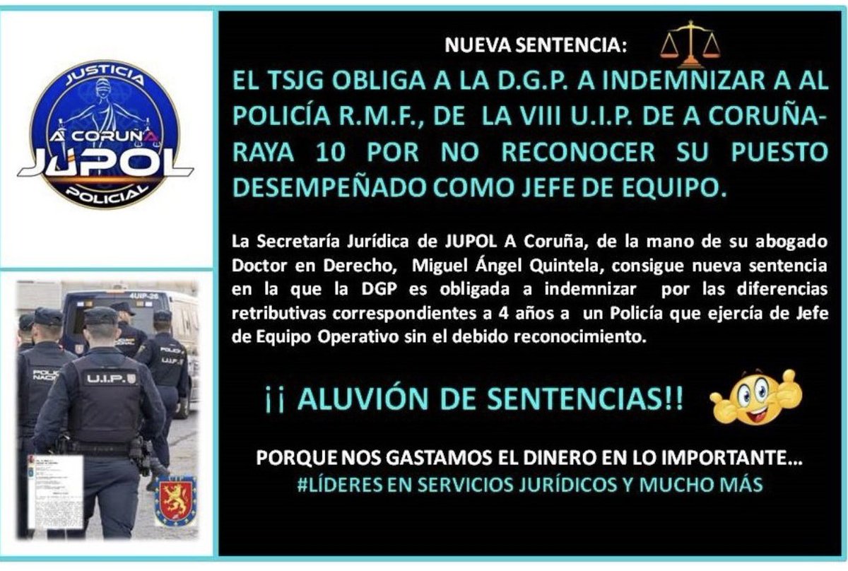 🧑‍⚖️  Seguimos coleccionando sentencias: El TSJG obliga a la DGP a 💰indemnizar a un antidisturbio jubilado de A Coruña ,por el puesto que desempeñó como Jefe de Equipo.

💸💸Porque nos gastamos el dinero en lo importante.

 🥇 Líderes en servicios jurídicos.

#EquiparacionYa