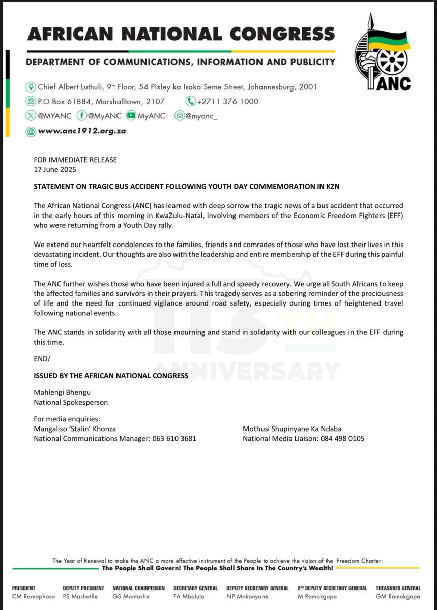 “We extend our heartfelt condolences to the families, friends and comrades of those who have lost their lives in this devastating incident. 

Our thoughts are also with the leadership and entire membership of the EFF during this painful time of loss.

The ANC stands in solidarity
