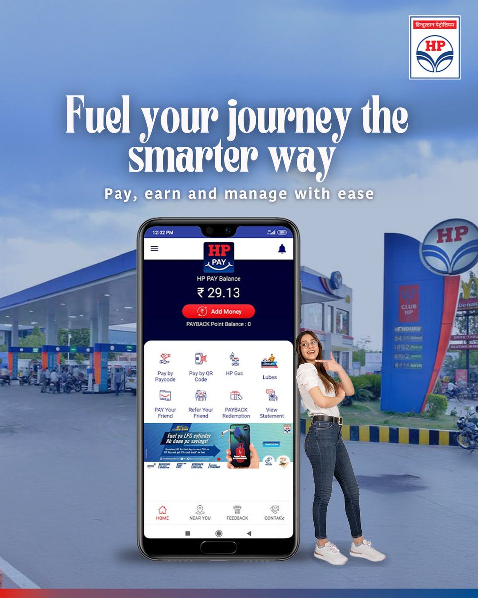 HPCL's tweet image. Experience seamless refuelling and rewards with the HP Pay app. From cashless payments to loyalty points, manage your fuel needs effortlessly. Download now and drive smarter.

#HPPay #DeliveringHappiness