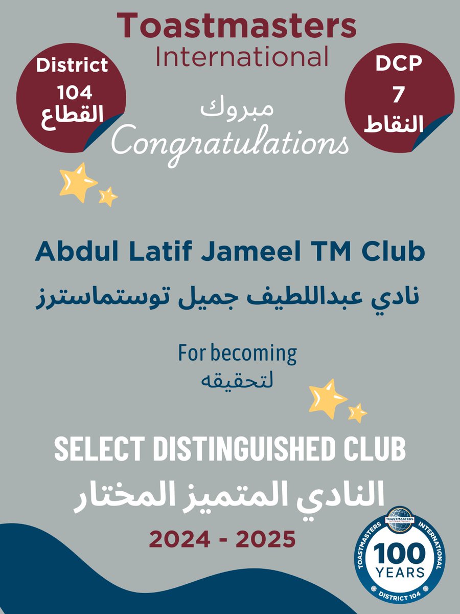 Congratulations to Abdul Latif Jameel TN Club
Select Distinguished club
نهني نادي عبد الطيف جميل توستماسترز حصوله على درجة 
نادي متميزة مختار بالقطاع 104 لعام 24-25

<a href="/Toastmasters/">Toastmasters</a>
<a href="/FrankTsuro/">Frank Mufaro Tsuro</a>
<a href="/judhawa/">Abdulhadi Hawsawi</a>
<a href="/alfatahschools/">مدارس الفتاة الأهلية</a>
<a href="/TanglawClub/">Tanglaw Toastmasters Club</a>
<a href="/effat_tmc/">Effat.tmc</a>