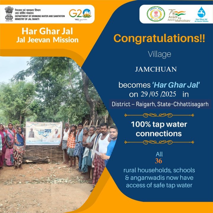 JjmRaigarh's tweet photo. Congratulations to all the people of Jamchuan Village of Block -Tamnar ,District- Raigarh,state-Chhattisgarh for becoming #HarGharJal with safe tap water to all-36 households, schools, anganwadi #JalJeevanMission ason 29/05/2025
#ODFPlusModel
@UNICEFIndia @ArunSao3 https://t.co/EHGvSzNy2U