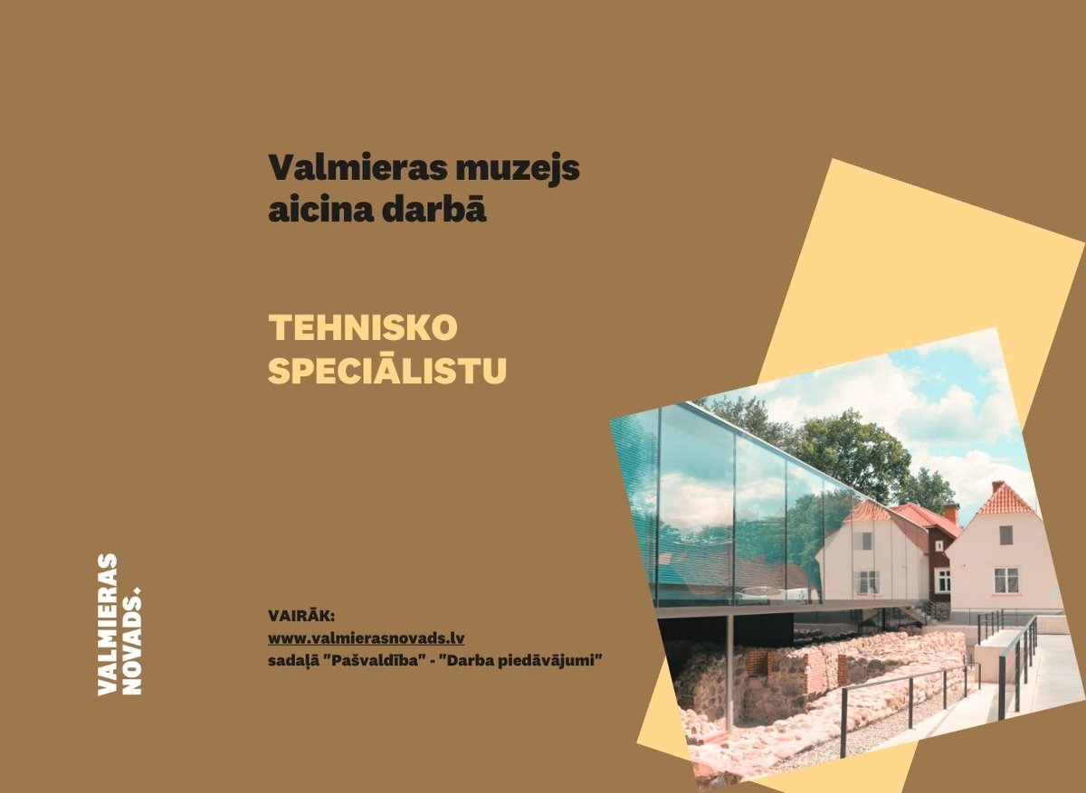 Valmieras muzejs aicina darbā tehnisko speciālistu/-i (pilna slodze) uz nenoteiktu laiku. Darba vietas adrese: Bruņinieku iela 3, Valmiera, Valmieras novads. 
Plašāka informācija par vakanci: valmierasmuzejs.lv/archives/18424