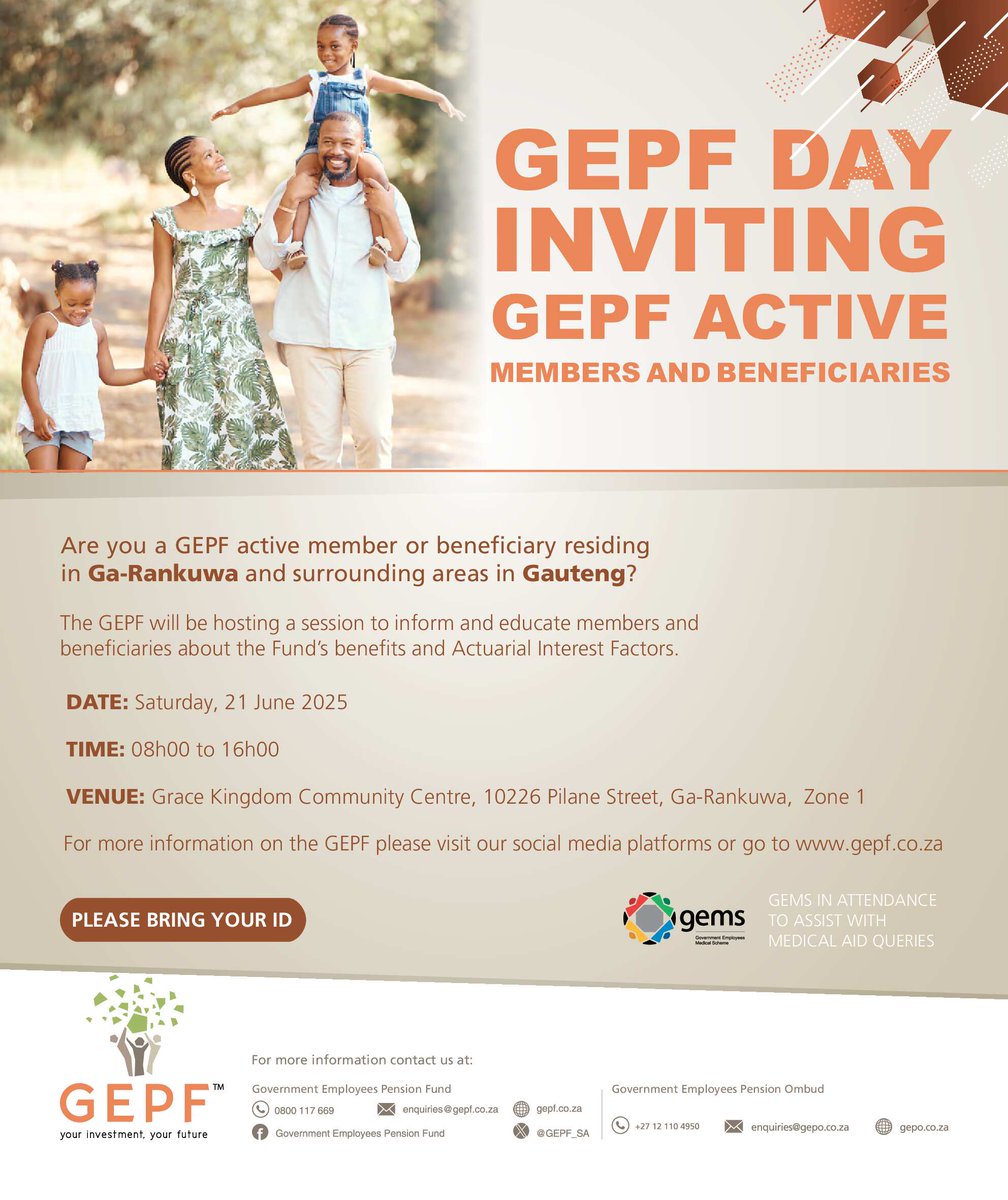 GEPF (@gepf_sa) on Twitter photo A GEPF Day will be held in Ga-Rankuwa, Gauteng to service GEPF members, pensioners & beneficiaries. Join us on Saturday, 21 June 2025 from 8h00am at Grace Kingdom Community Centre. This is part of the GEPF's member outreach programme. #YourInvestmentYourFuture A GEPF Day will be held in Ga-Rankuwa, Gauteng to service GEPF members, pensioners & beneficiaries. Join us on Saturday, 21 June 2025 from 8h00am at Grace Kingdom Community Centre. This is part of the GEPF's member outreach programme. #YourInvestmentYourFuture