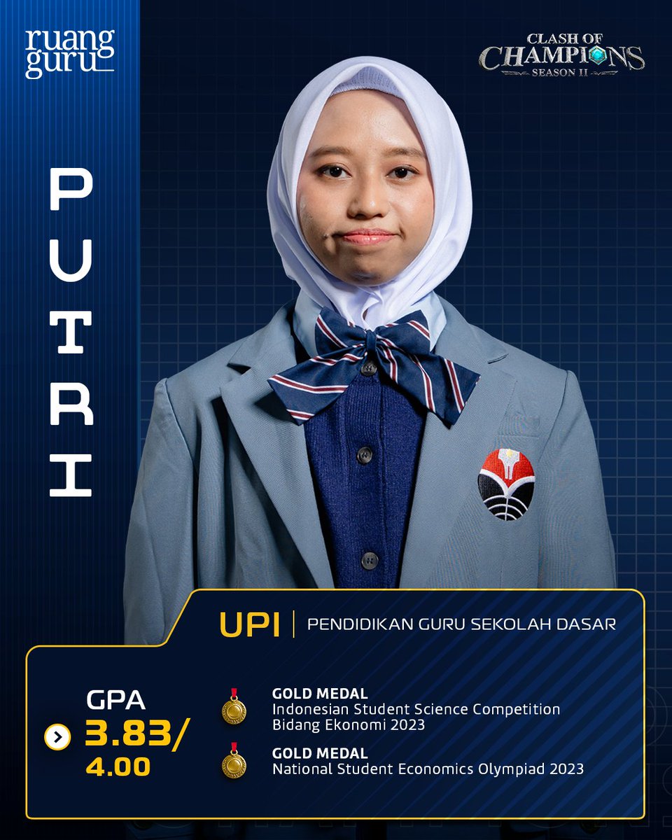 ruangguru's tweet image. ✨ Putri (IG: kapoett._) / UPI / PGSD

- Gold Medal - Indonesian Student Science Competition Bidang Ekonomi 2023
- Gold Medal - National Student Economics Olympiad 2023