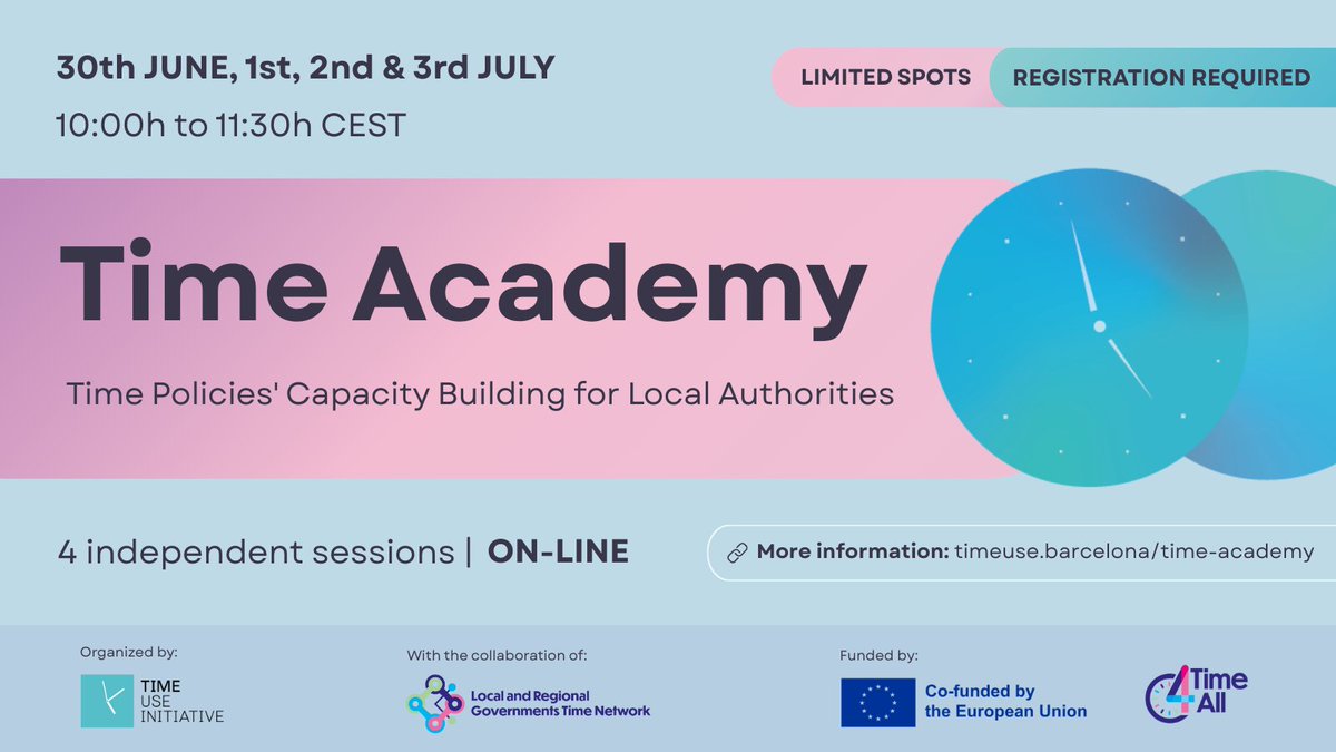 🔴𝗝𝗢𝗜𝗡 𝗨𝗦 𝗔𝗧 𝗧𝗛𝗘 𝗧𝗜𝗠𝗘 𝗔𝗖𝗔𝗗𝗘𝗠𝗬

A capacity-building programme that will provide urban officers with the knowledge and skills to implement time-conscious governance through #TimePolicies, within their respective levels of competence.

🔗timeuse.barcelona/time-academy/