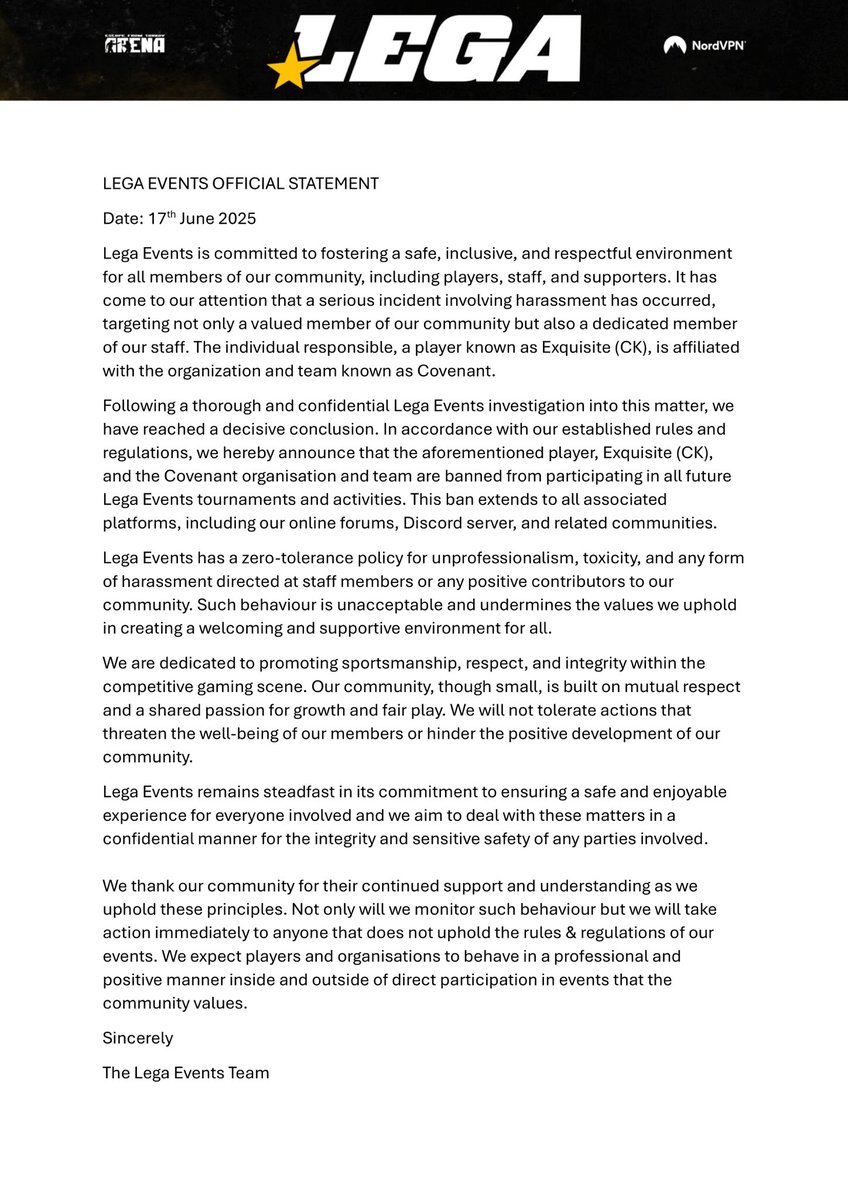 Lega Events | Official Statement | 17.06.25

We will outline the banning process in an updated version of our rules &amp; regulations. 

Thank you.